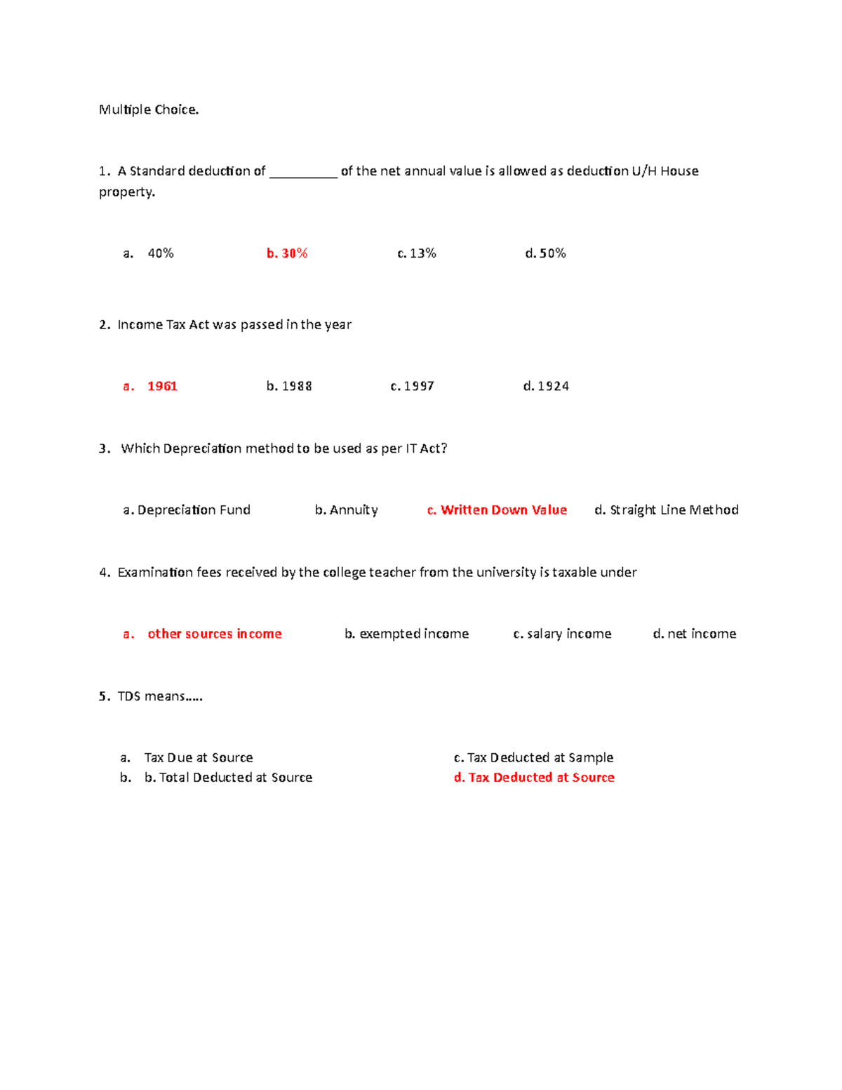 5 items Income TAXATION - WITH ANSWER - Multiple Choice. A Standard ...