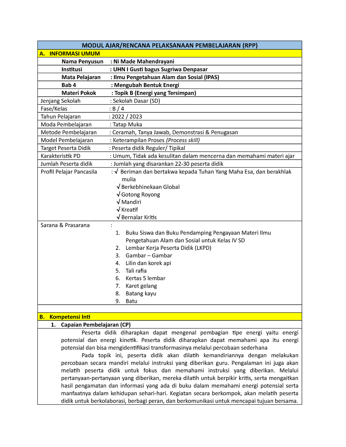 Modul Ajar Ipas Modul Ajar Modul Ajar Rencana Pelaksanaan Pembelajaran ...