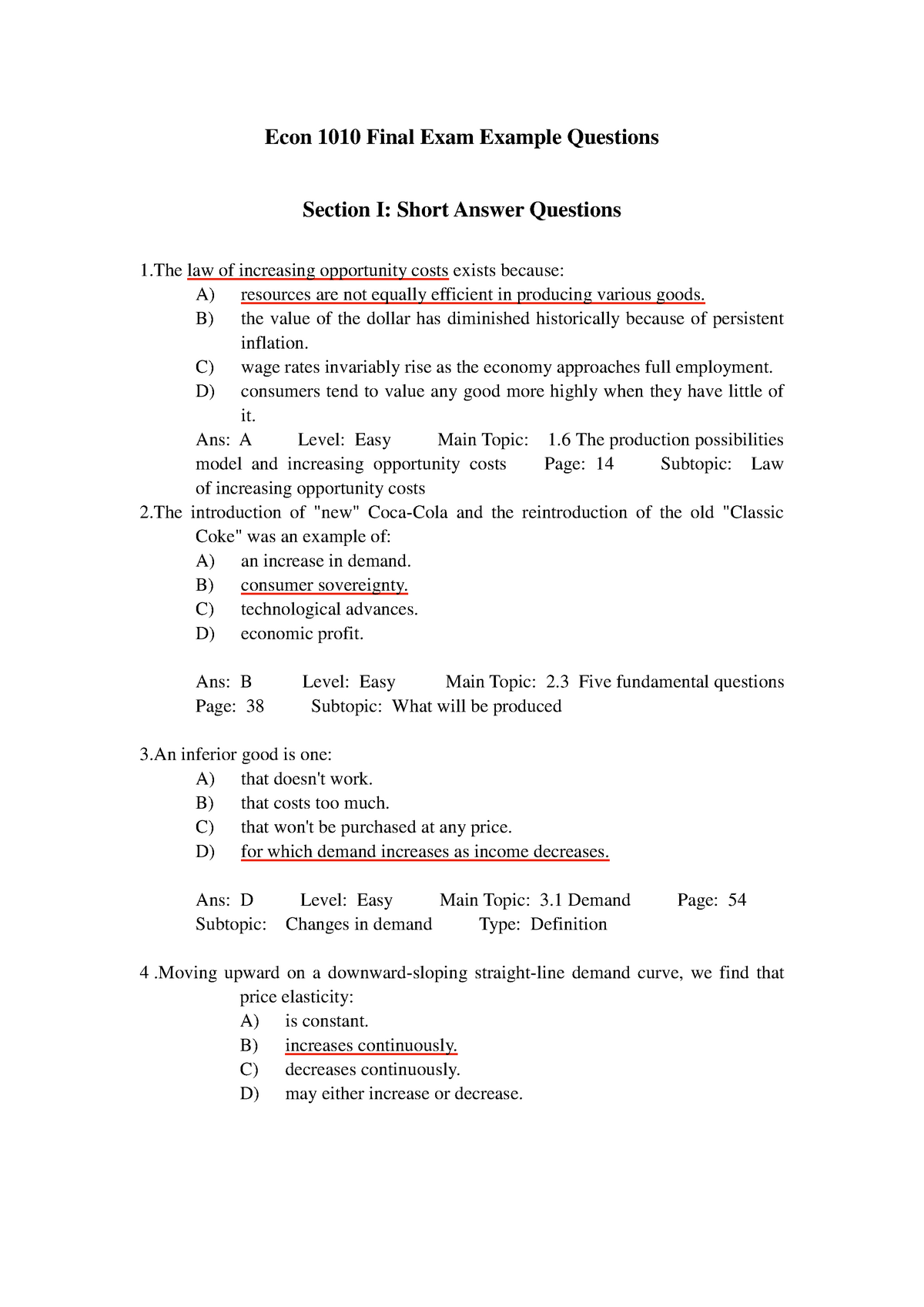 1010 Sample Questions Econ 1010 Final Exam Example Questions Section I Short Answer Questions 9454