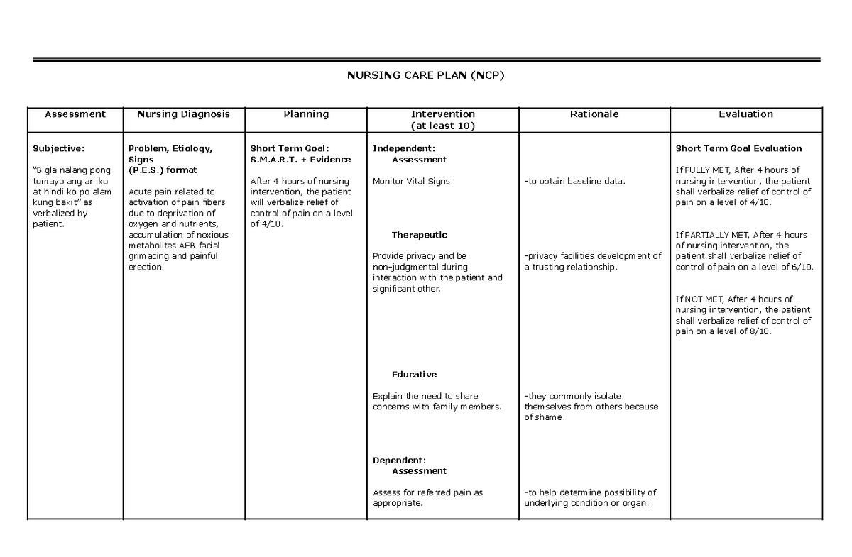 Priapism NCP NURSING CARE PLAN (NCP) Assessment Nursing Diagnosis