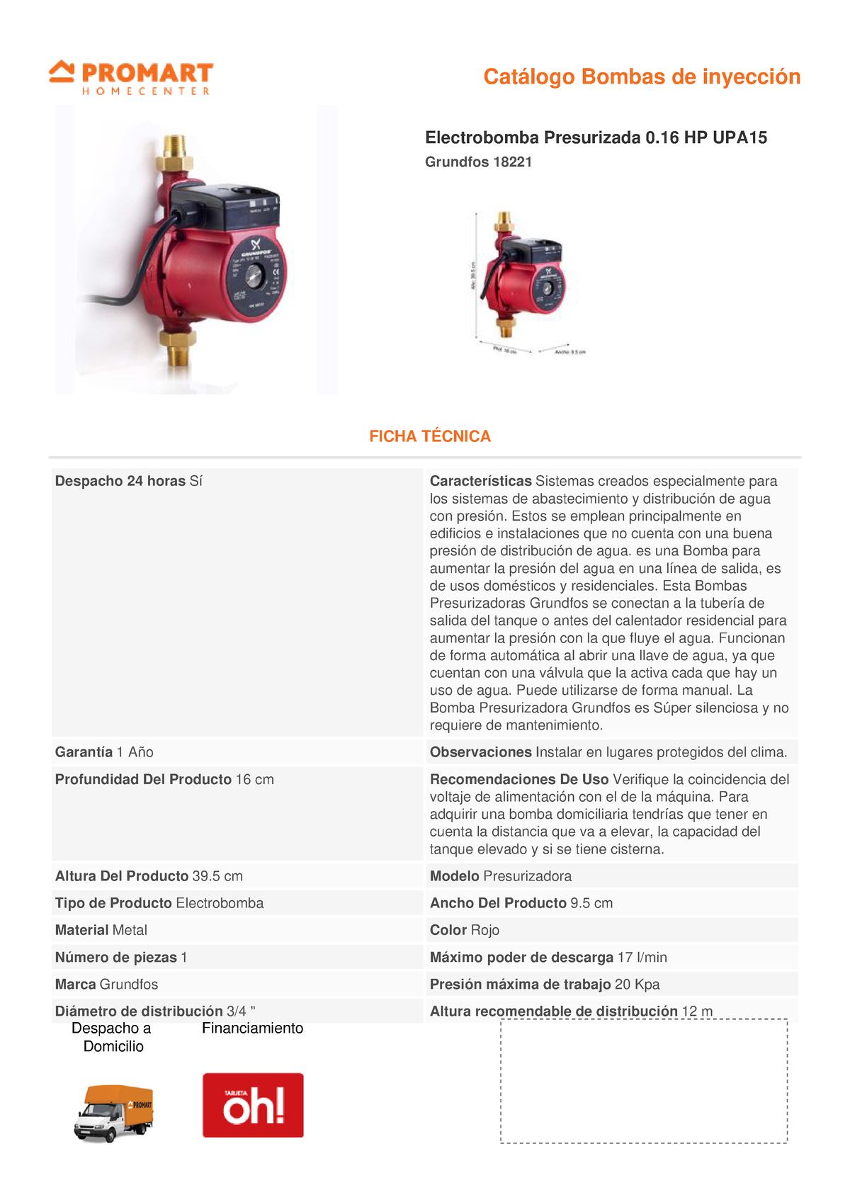 Bomba presurizadora automática 0.16hp - Promart