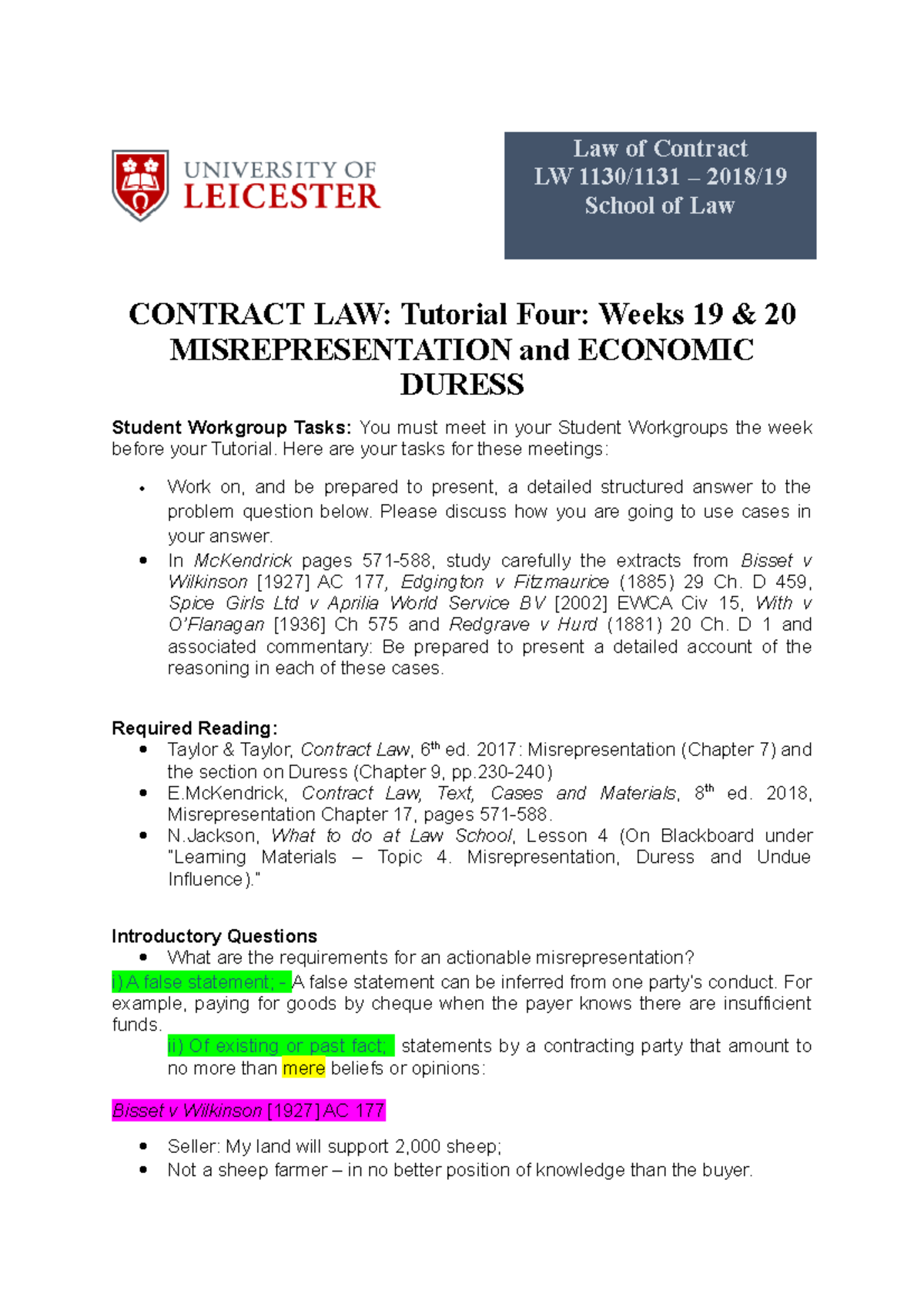 Contract Tutorial 4 - Duress - Law Of Contract LW 1130/1131 – 2018 ...