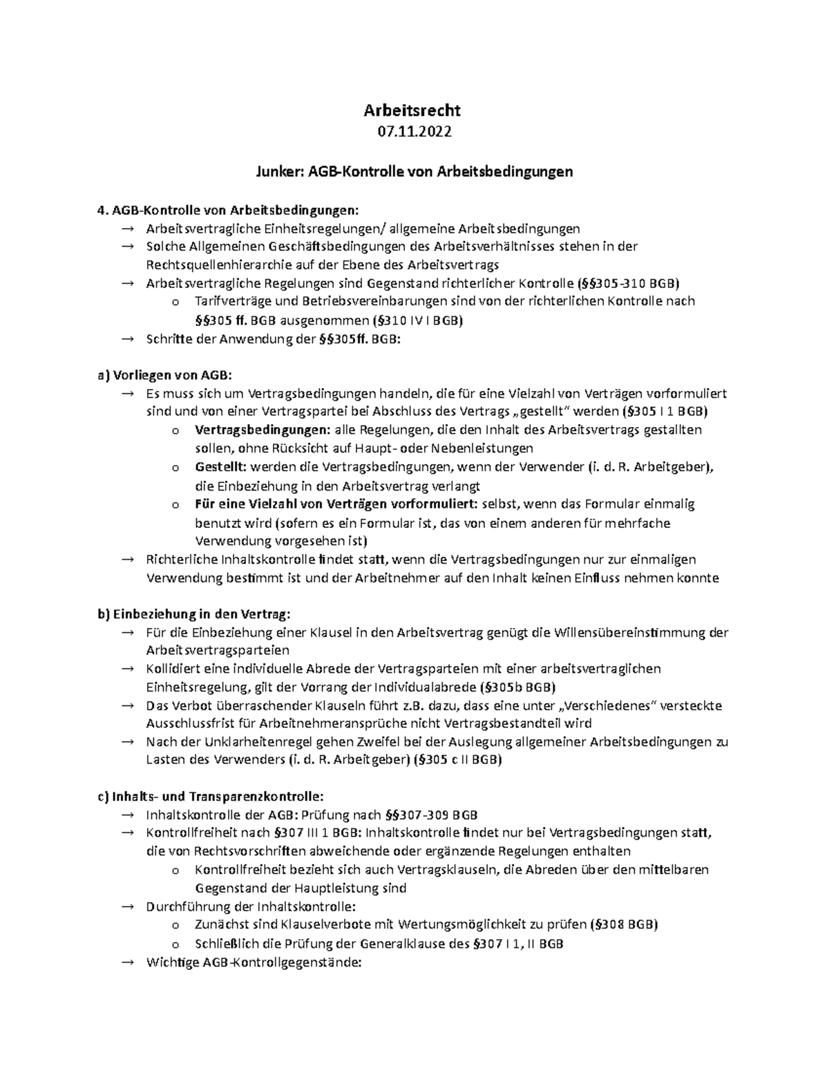 Agb Kontrolle Im Arbeitsrecht Begleitlektüre - VL 4 - Junker - Arbeitsrecht 07. Junker: AGB-Kontrolle