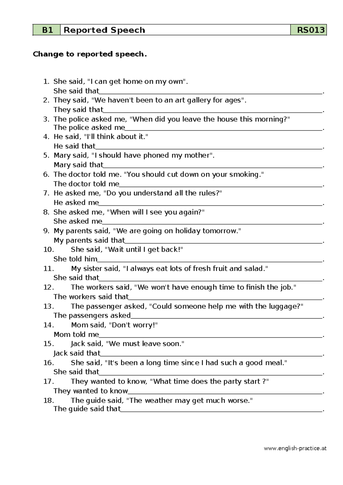 Reported speech - Teoría - B1 Reported Speech RS Change to reported ...