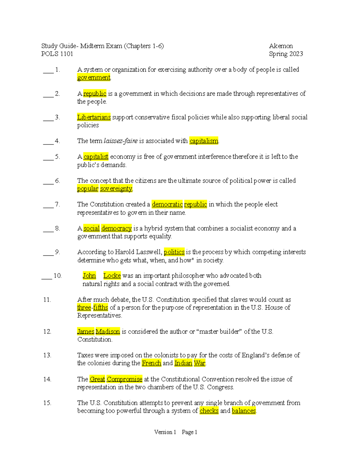 POLS 1101 Study Guide Midterm Spring 2023 (CHPS 1-6) - Study Guide ...