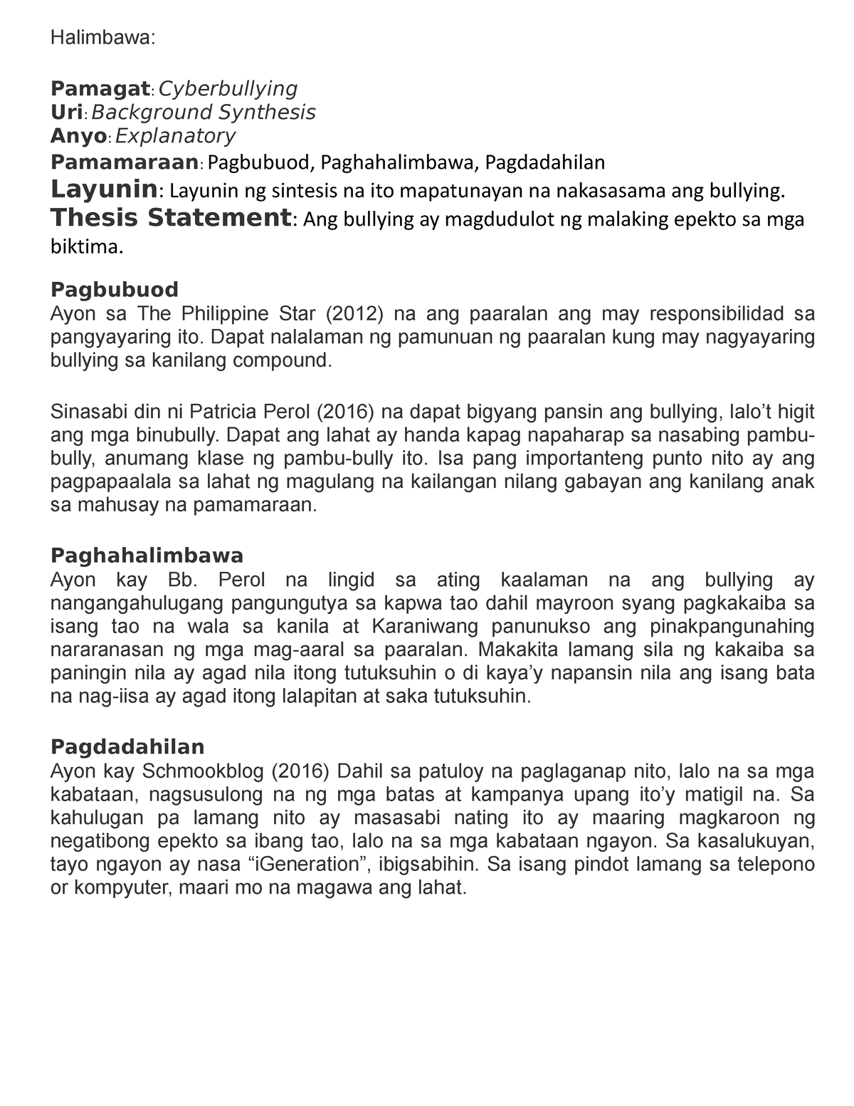 halimbawa ng explanatory synthesis