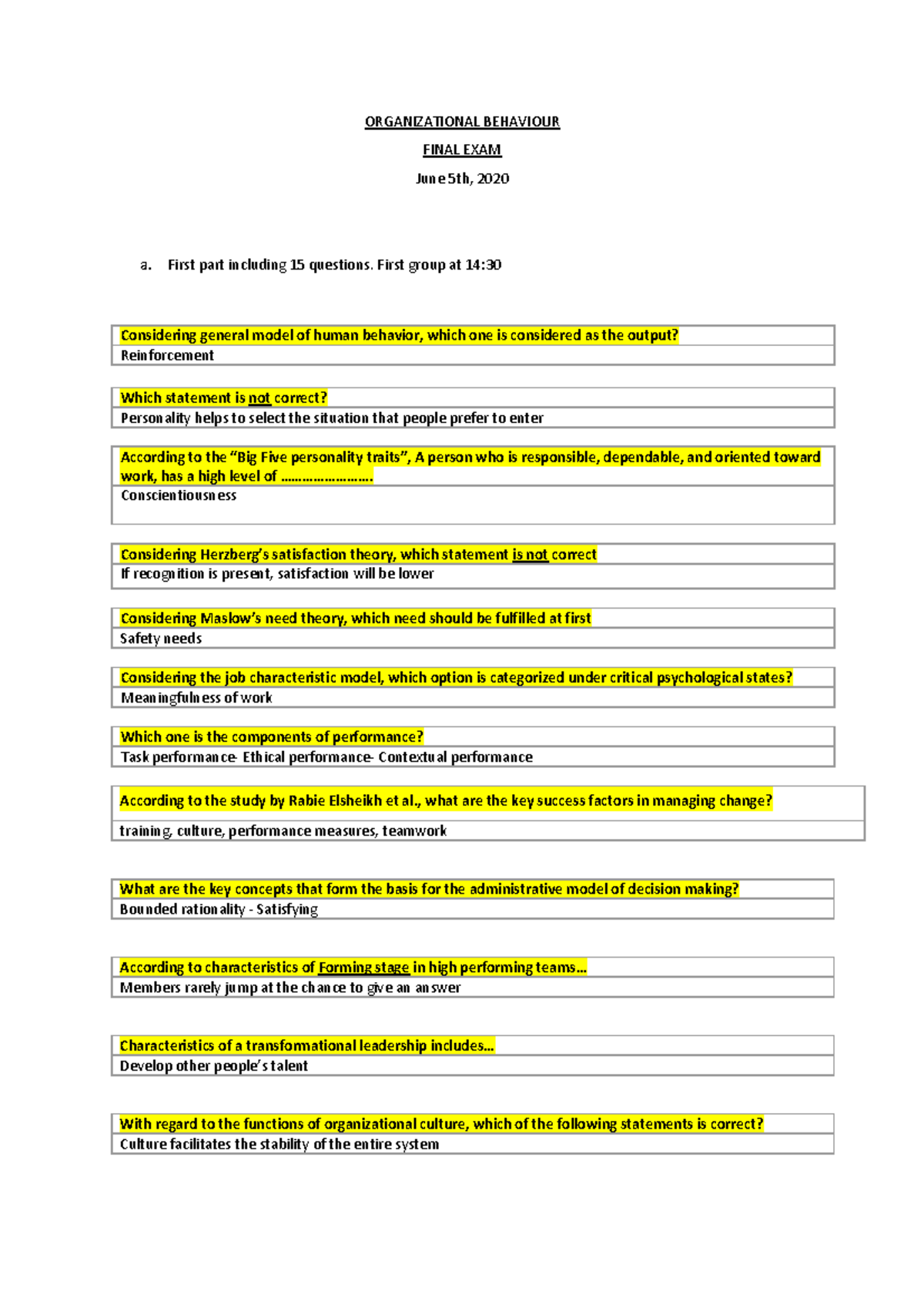 Final questions - Organizational behaviour exam - ORGANIZATIONAL ...