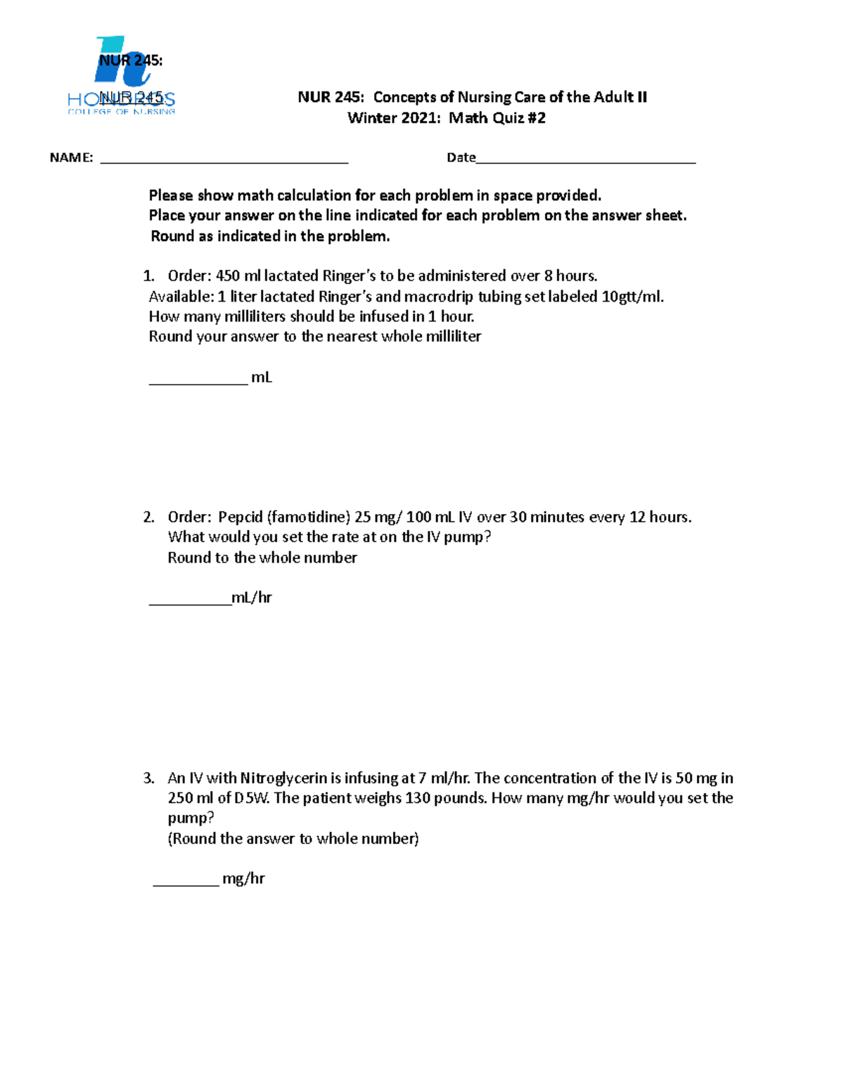 NUR 245 Math Quiz #2 Winter 2021 (student version) - NUR 245: NUR 245 ...
