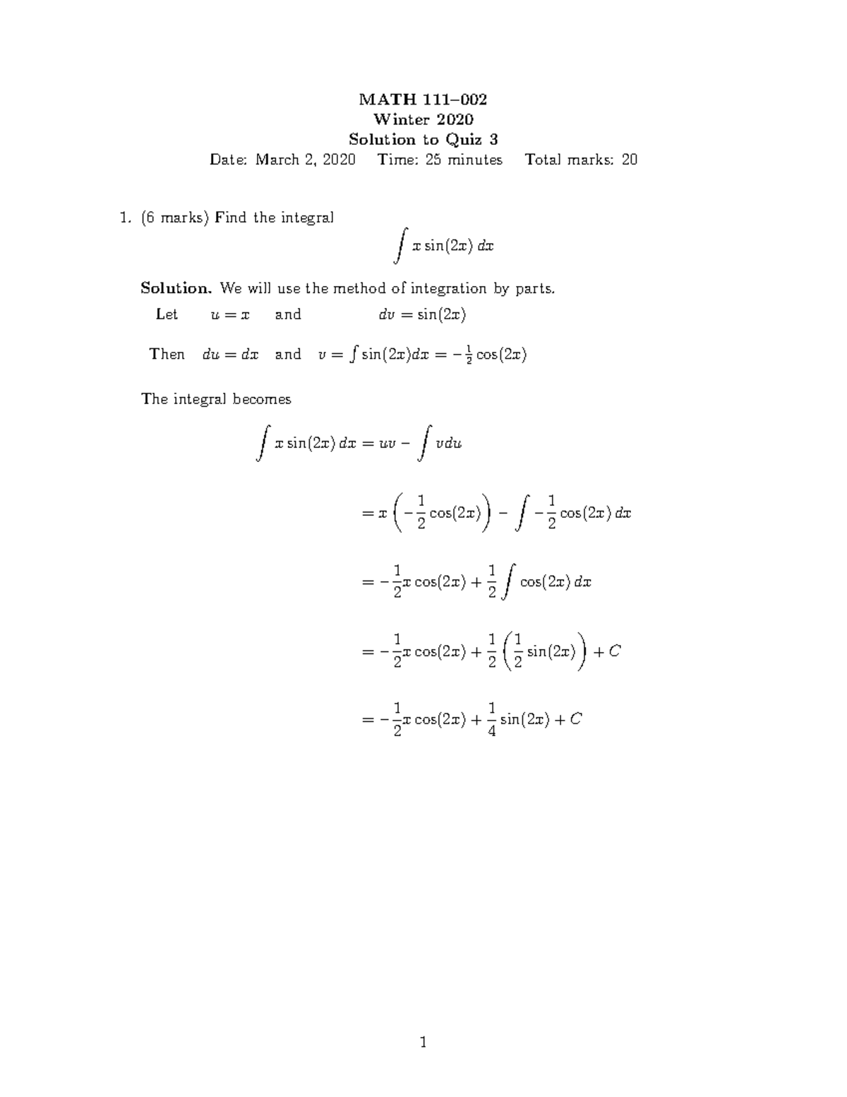 111q3 Winter 2020 Solution - MATH 111– Winter 2020 Solution To Quiz 3 ...