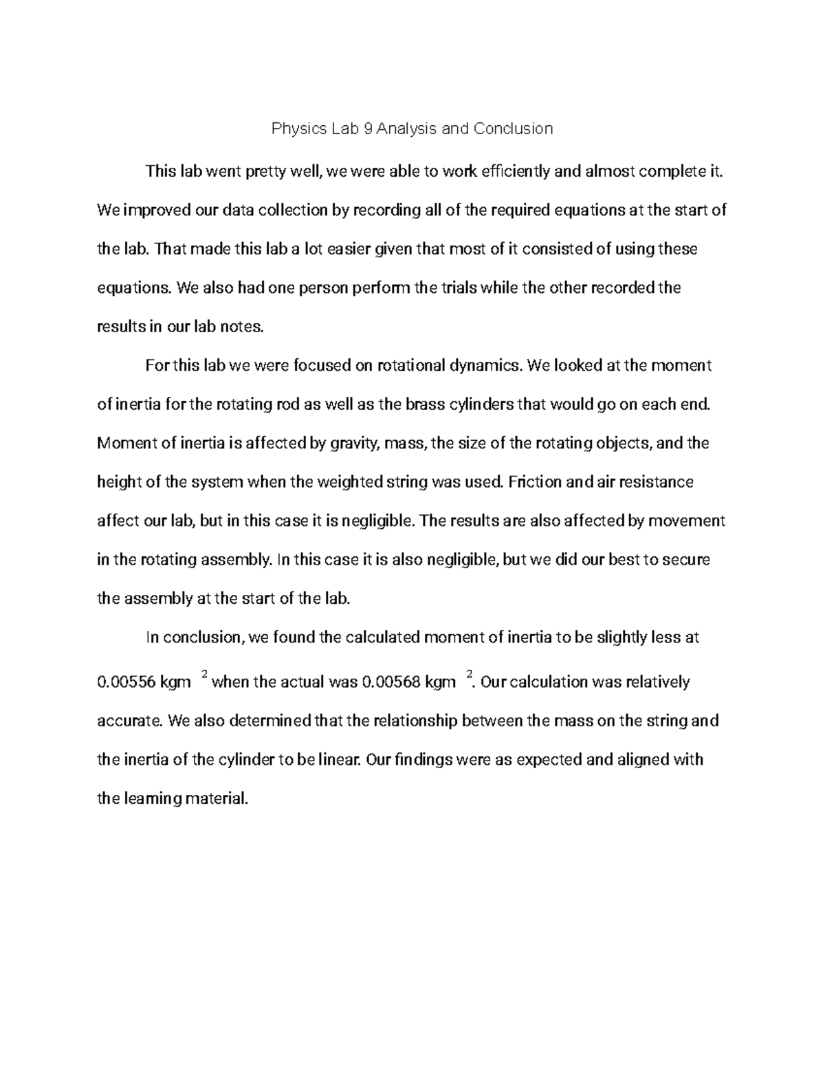 Physics Lab 9 Analysis and Conclusion - Physics Lab 9 Analysis and ...