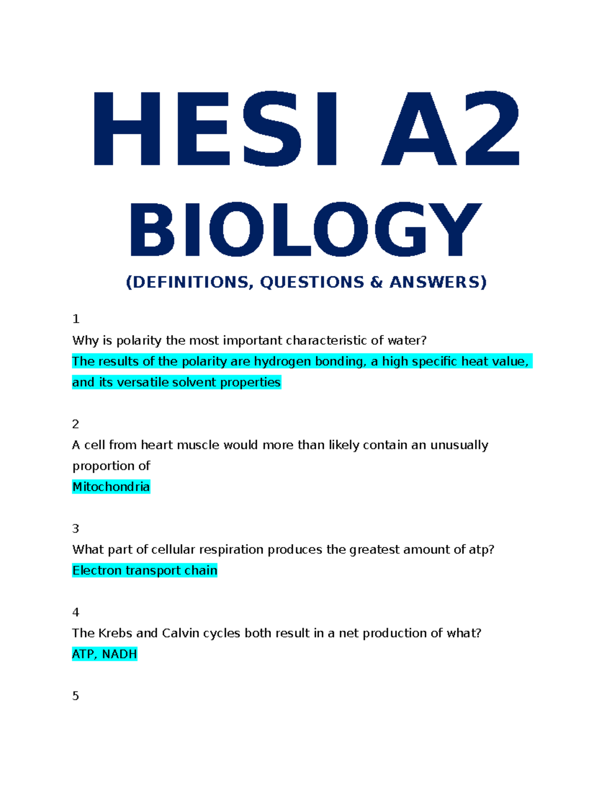 HESI A2 Biology ( Definitions, Questions Answers) HESI A BIOLOGY