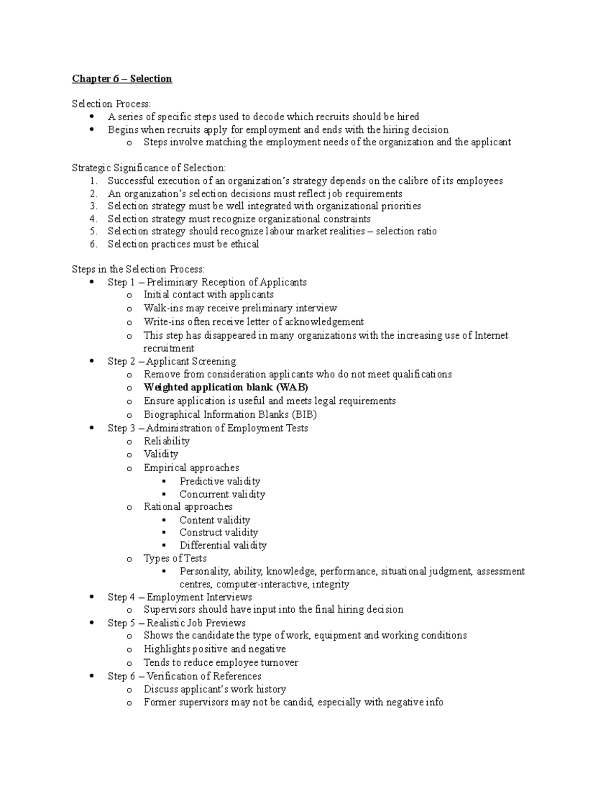 Chapter 6 - Selection - Chapter 6 – Selection Selection Process: A ...