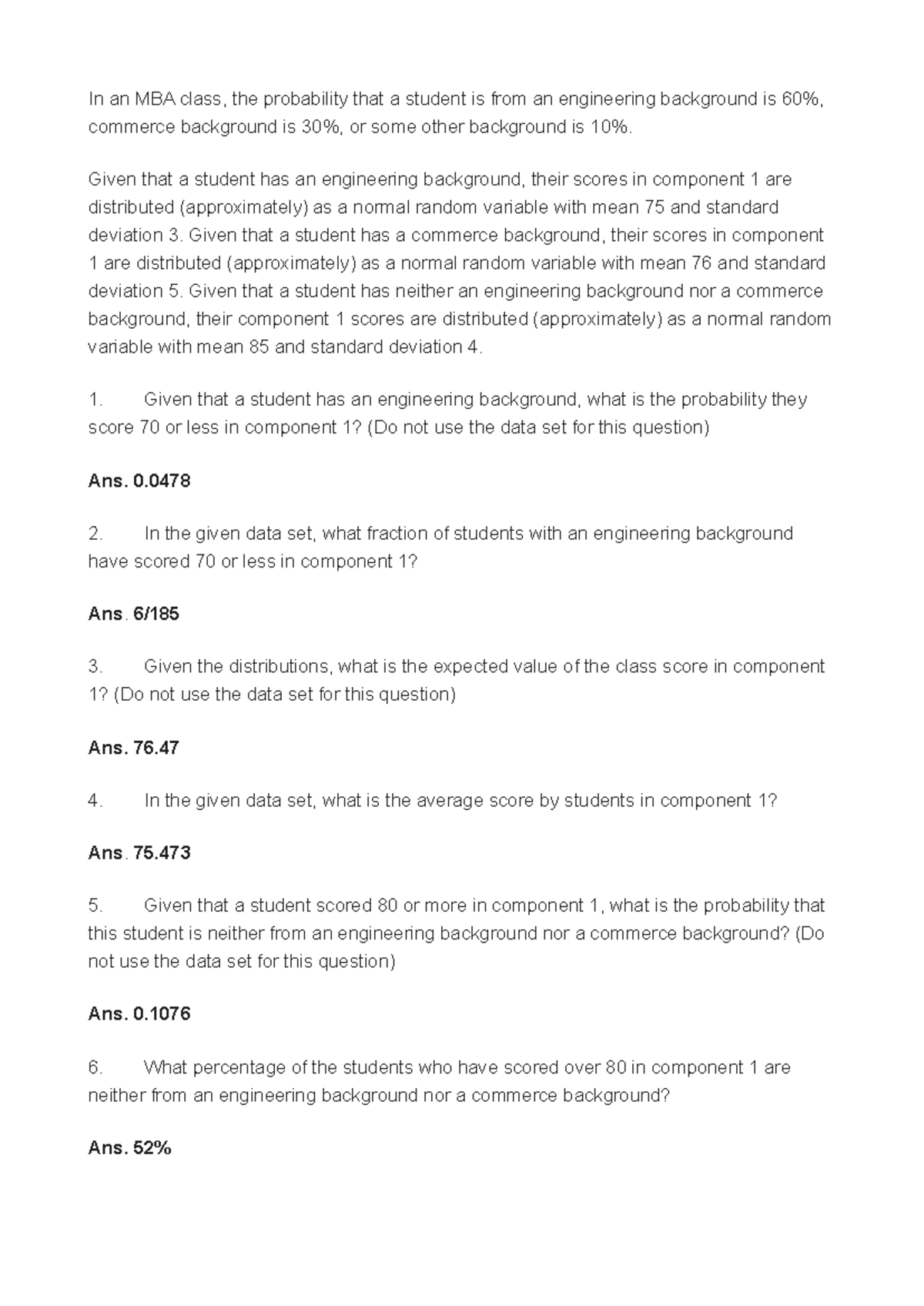 IIM A Pre Statistics - Explanation notes - In an MBA class, the ...