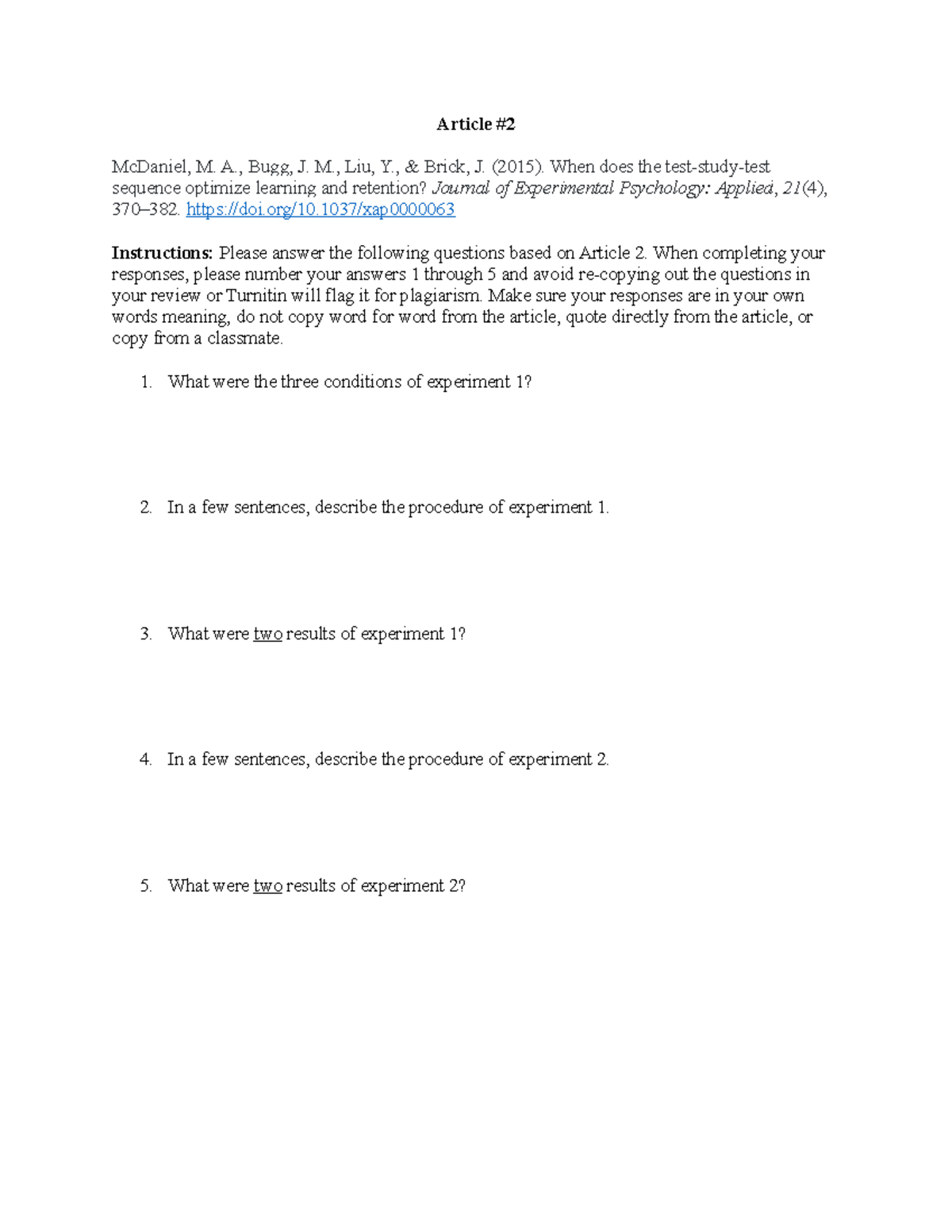 Article 2- Questions Blank - Article # McDaniel, M. A., Bugg, J. M ...