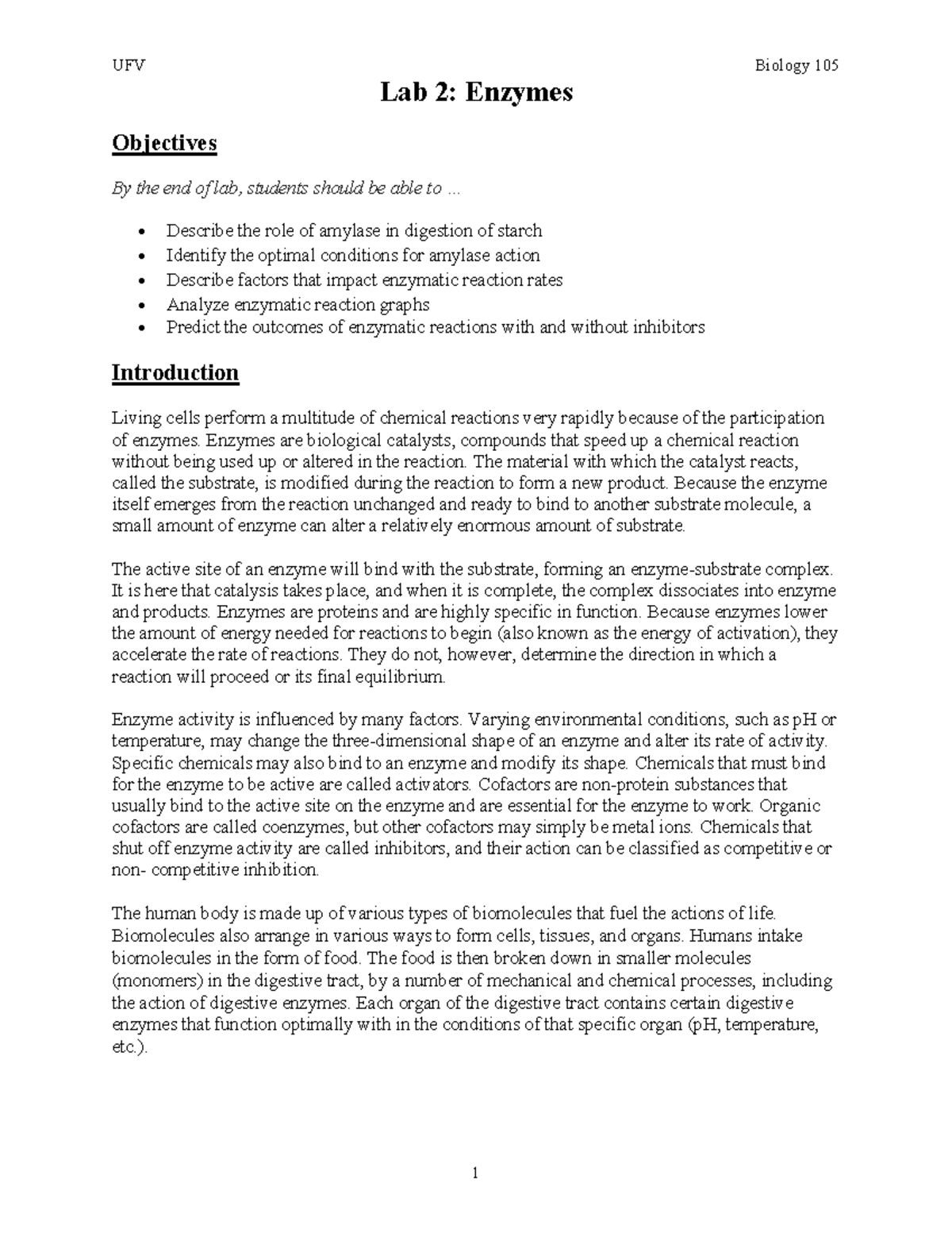 UFV BIOL105 F2022 Lab 2 Enzymes Lab 2 Enzymes Objectives By the end