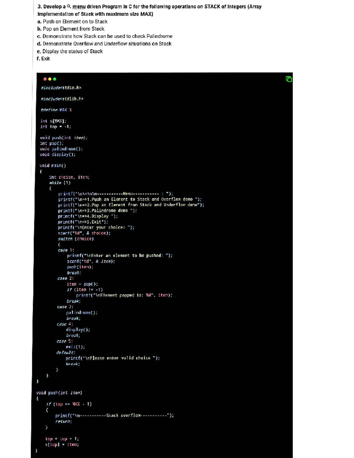 3rd program on stack - Practice - 3. Develop a a menu driven Program in ...