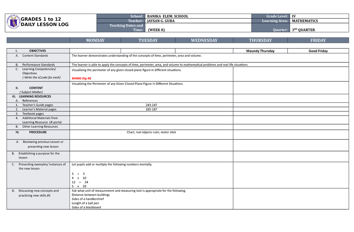 DLL Mathematics 4 Q3 W8 - DAILY LESSON PLAN - GRADES 1 to 12 DAILY ...