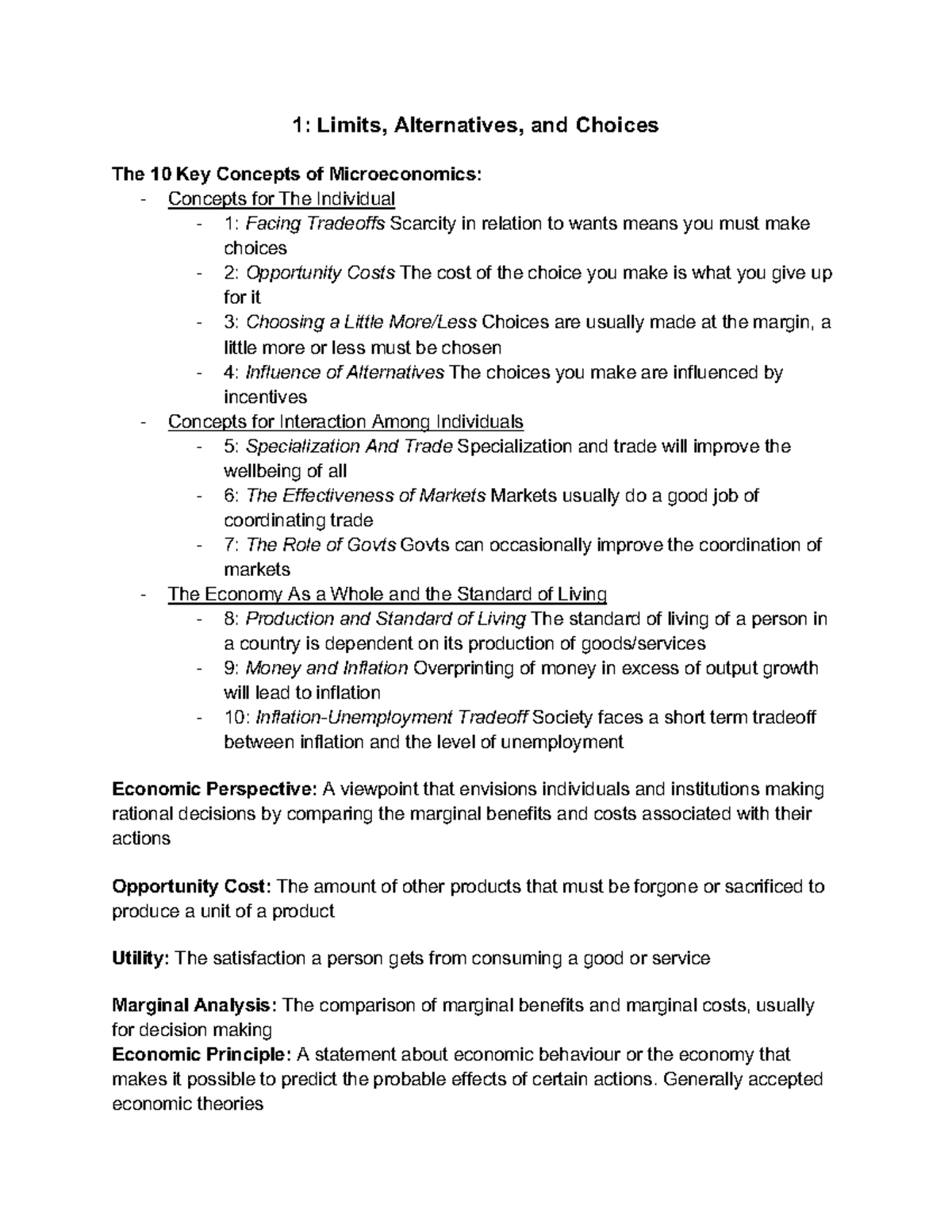Chapter-1-Notes - Summary Introductory Microeconomics - 1: Limits ...