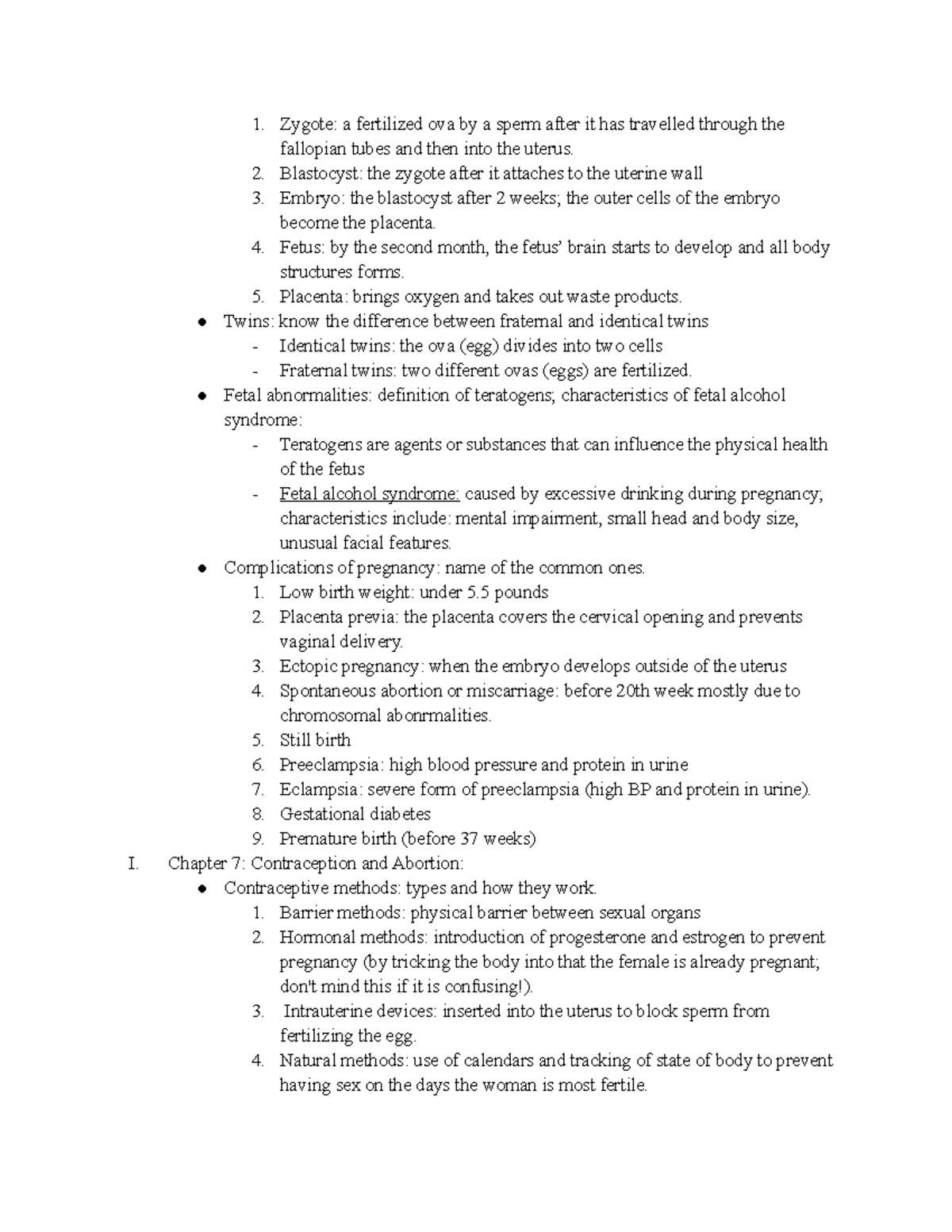 HPEX 357 Midterm Notes 3 - Zygote: a fertilized ova by a sperm after it ...