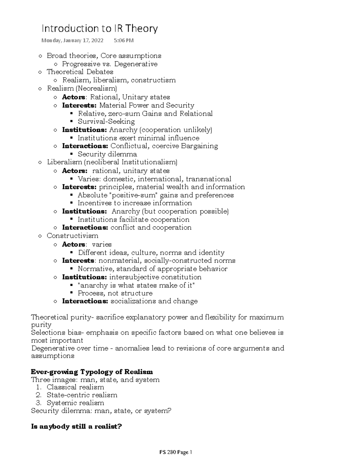 Introduction to IR Theory - Broad theories, Core assumptions ...