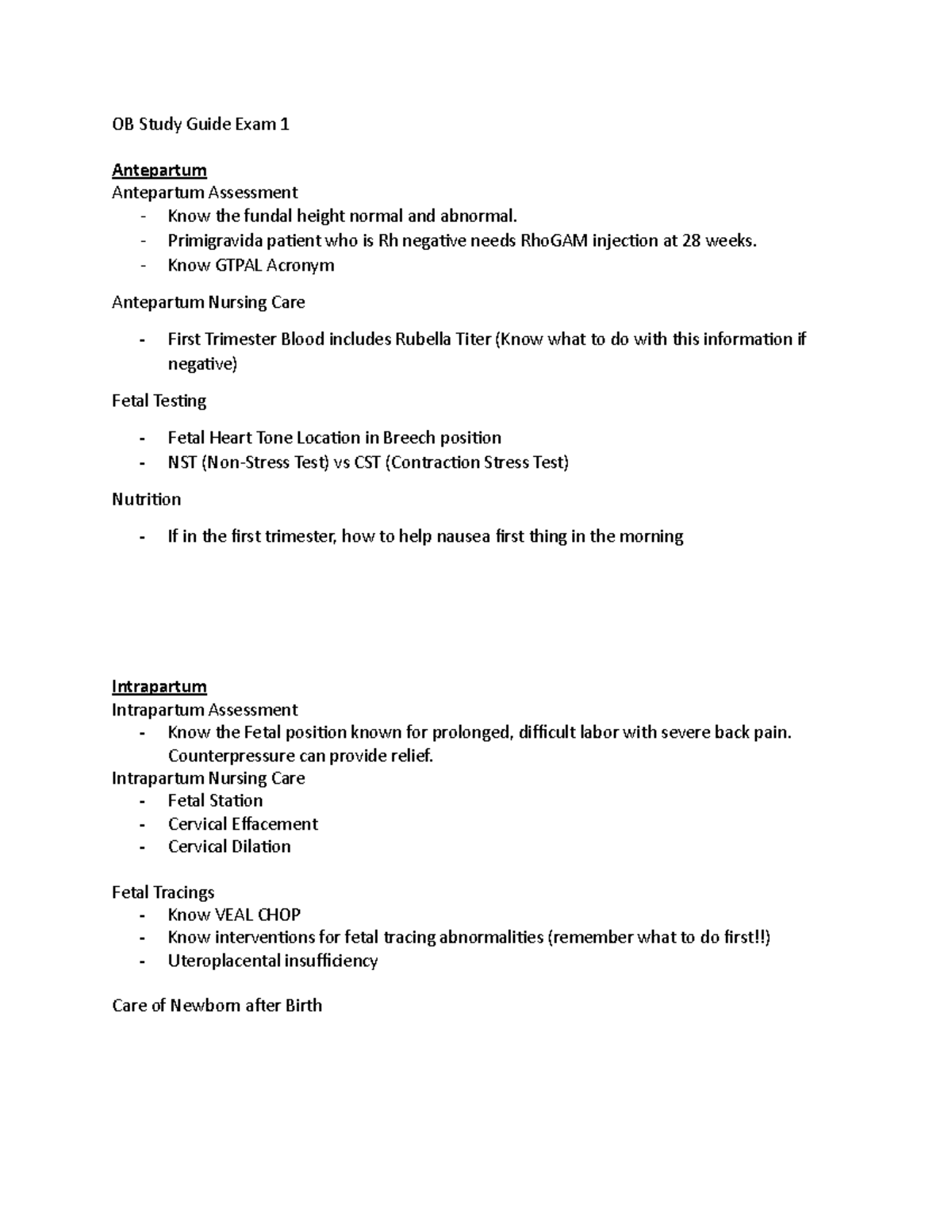 Ob Study Guide Exam 1 - Primigravida Patient Who Is Rh Negative Needs 