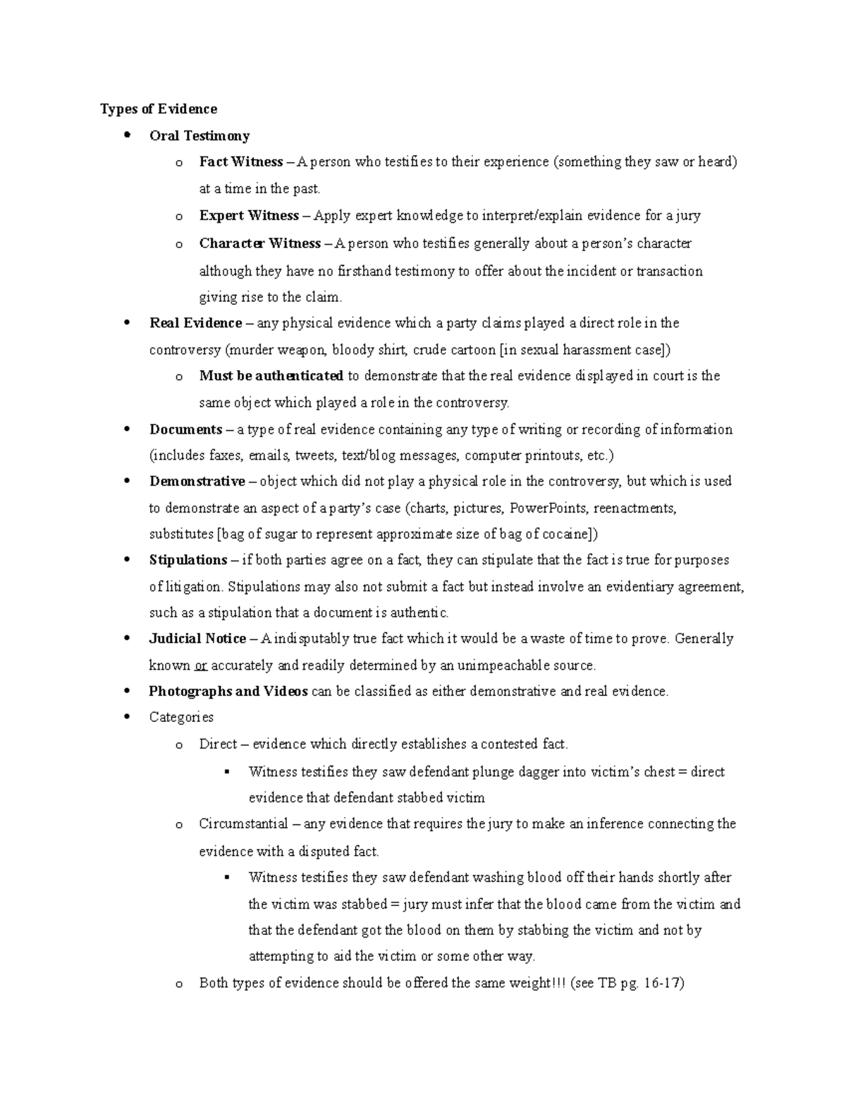 Evidence Outline 1 - Types of Evidence Oral Testimony o Fact Witness ...