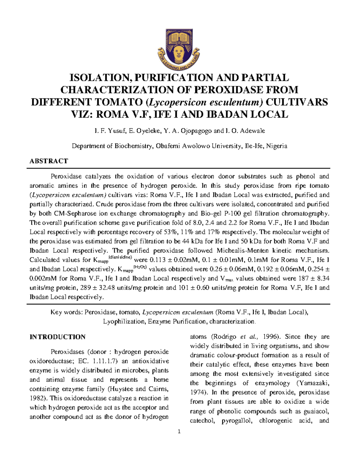 Francis Journal - ISOLATION, PURIFICATION AND PARTIAL CHARACTERIZATION ...