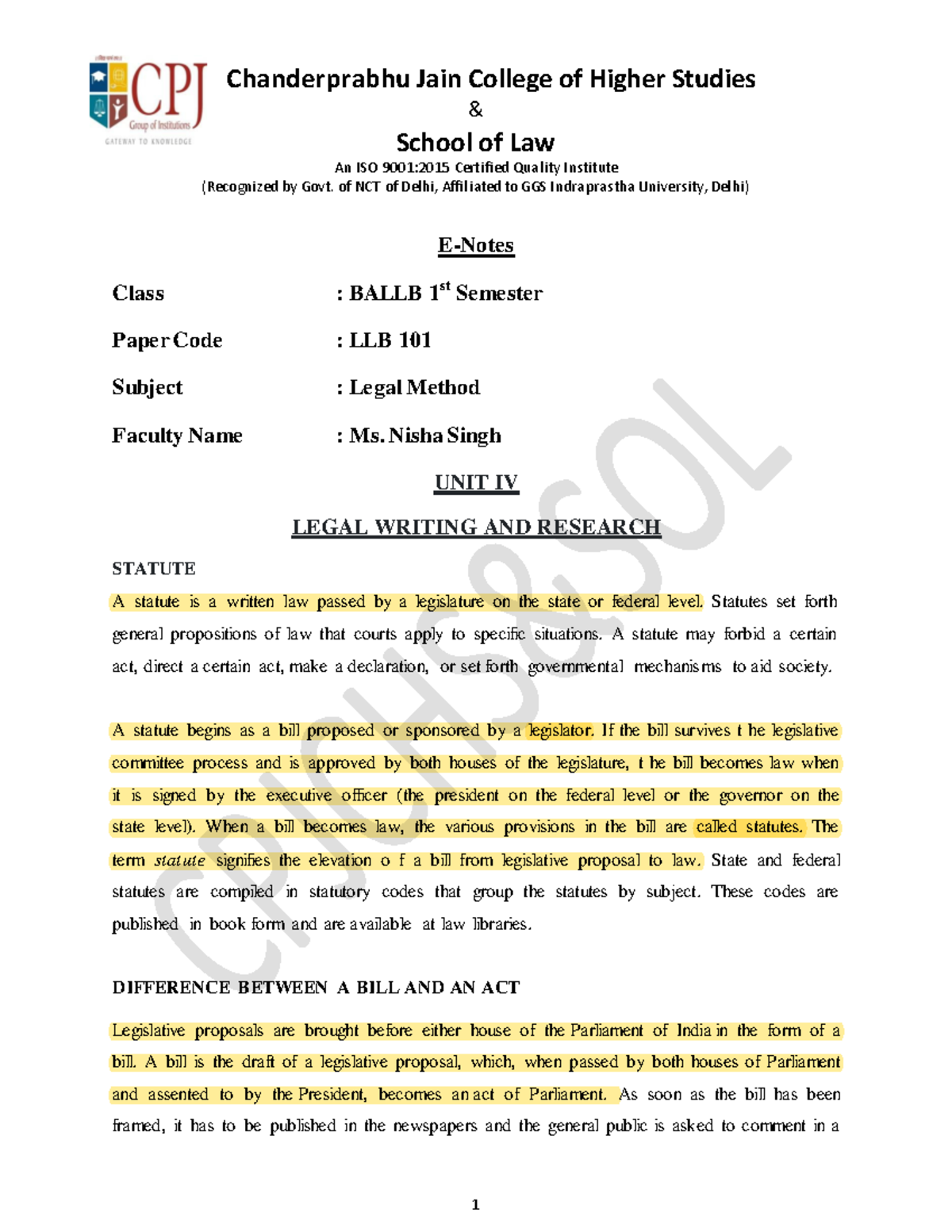 Unit 4- Legal Method - E-Notesmnh - & School of Law An ISO 9001:2015 ...