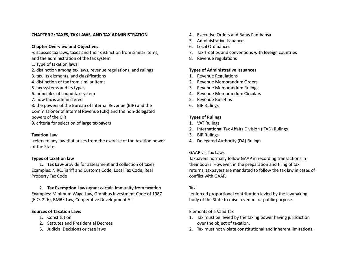 Chapter 2 - TAX 1 - CHAPTER 2: TAXES, TAX LAWS, AND TAX ADMINISTRATION ...