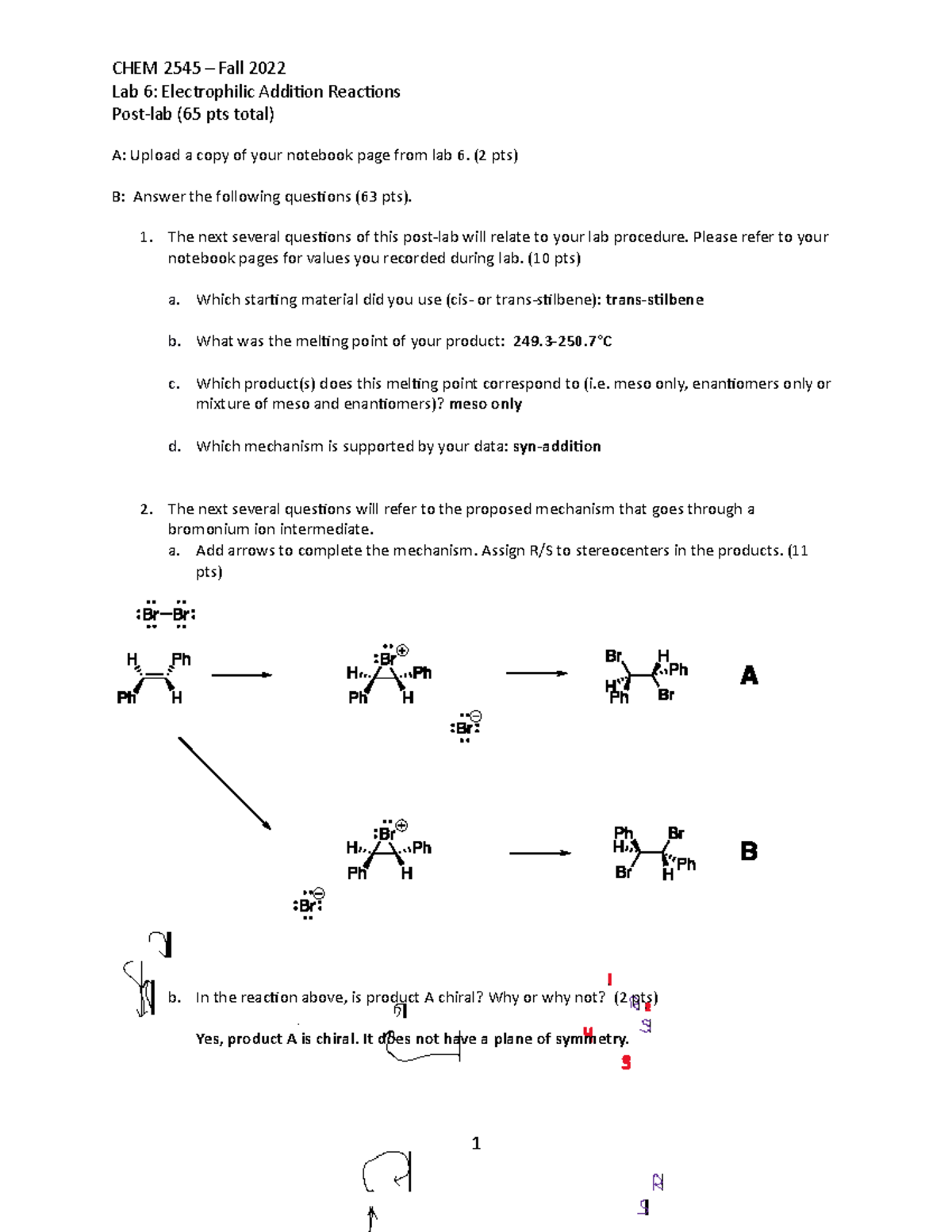 Electrophilic Addition Reactions Post Lab - Lab 6: Electrophilic ...