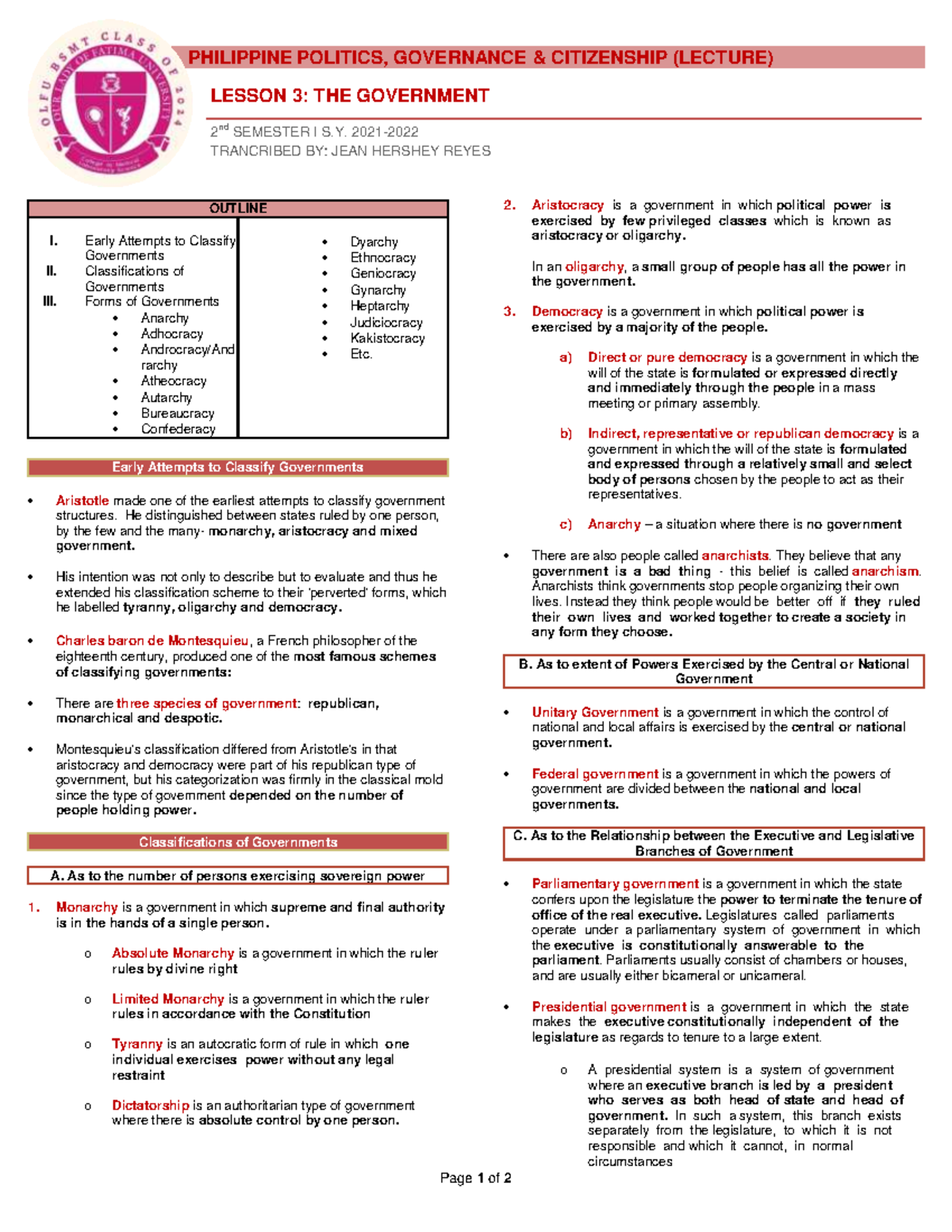 Lesson 3 The Government - PHILIPPINE POLITICS, GOVERNANCE & CITIZENSHIP ...