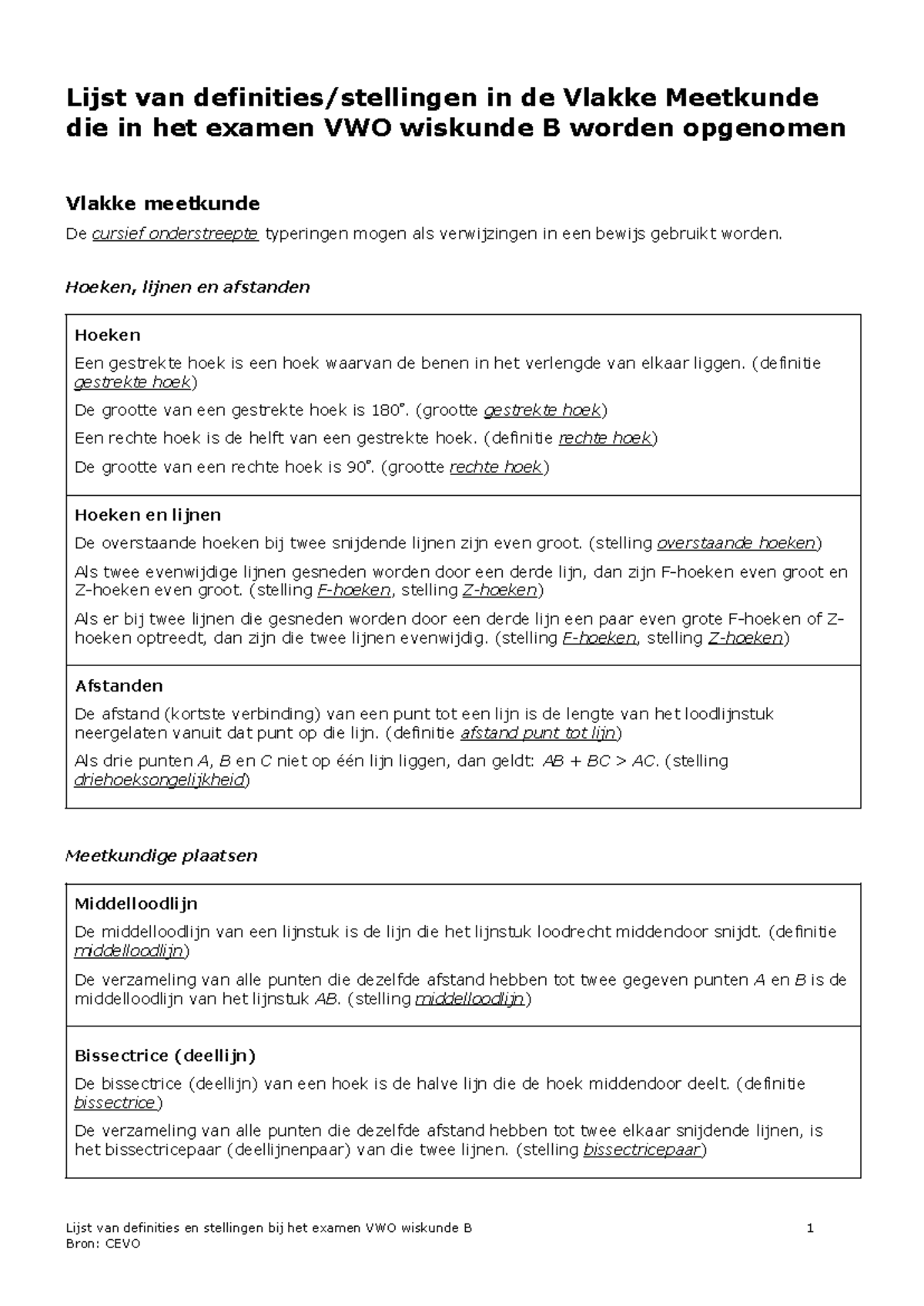 VWO-B-Mtk Stellingen - Lijst Van Definities/stellingen In De Vlakke ...