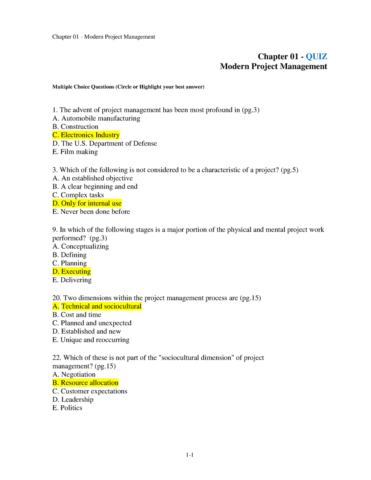 Chap - 01 Quiz - Project Management Quiz - Chapter 01 - Modern Project ...