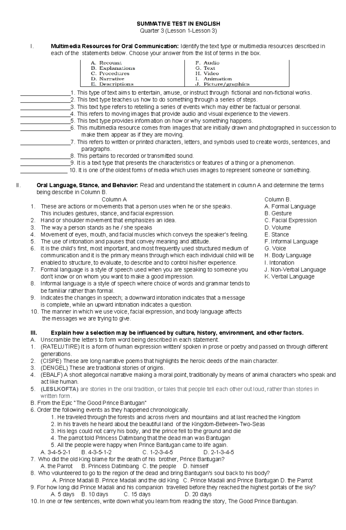 Summative TEST IN English Q3 - SUMMATIVE TEST IN ENGLISH Quarter 3 ...