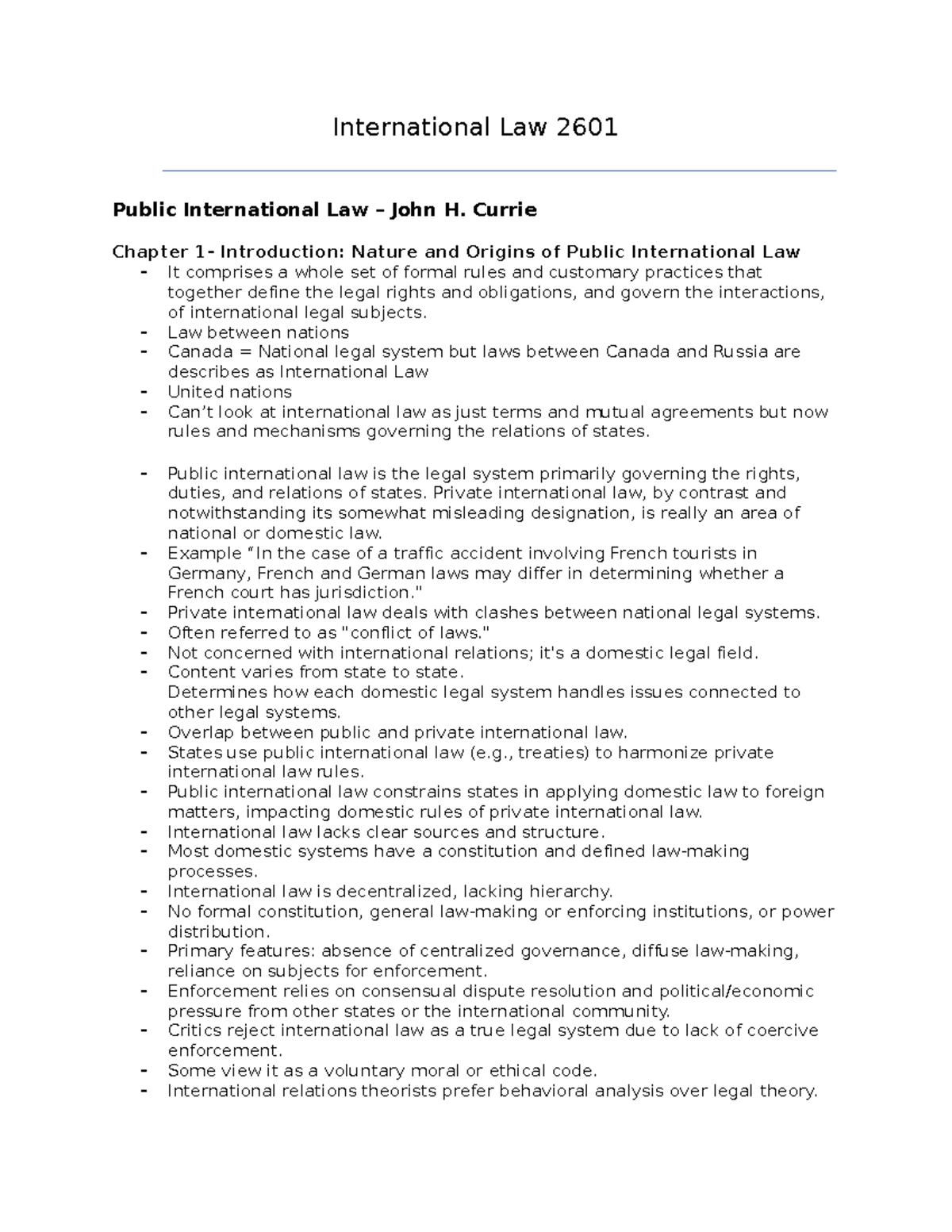 Law 2601 - Week 1 - International Law 2601 Public International Law ...