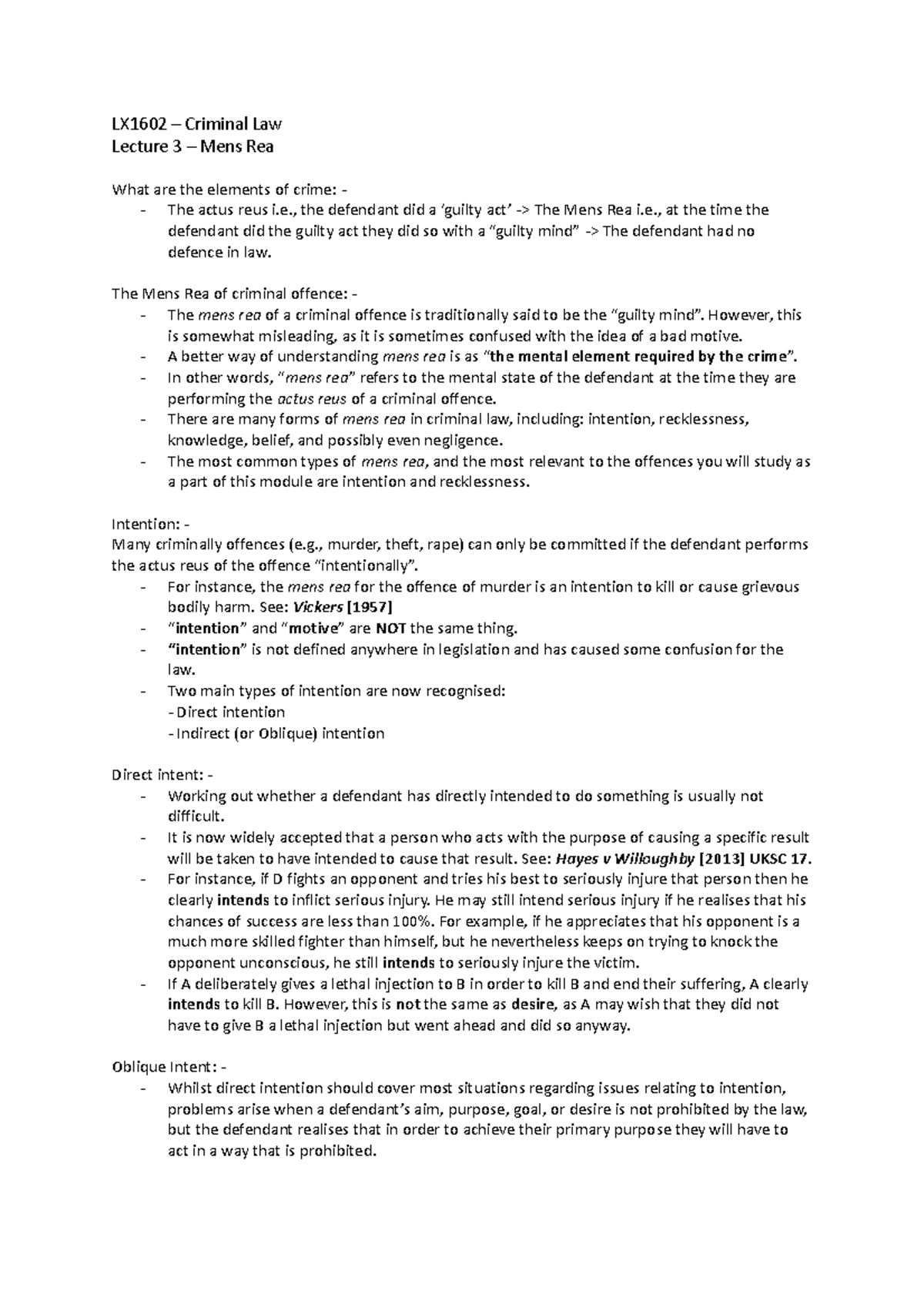 Lecture 3 Criminal Law Mens rea - LX1602 – Criminal Law Lecture 3 ...