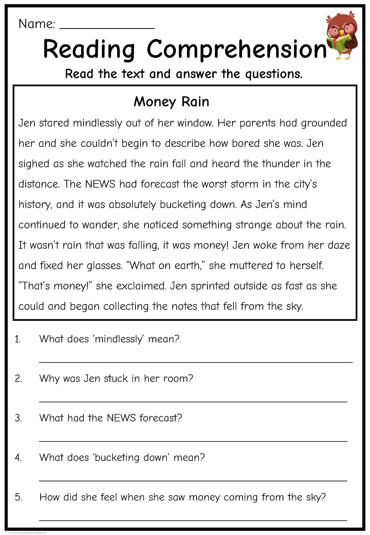 Reading Comprehension Grade 3 Money Rain - Reading Comprehension Read ...