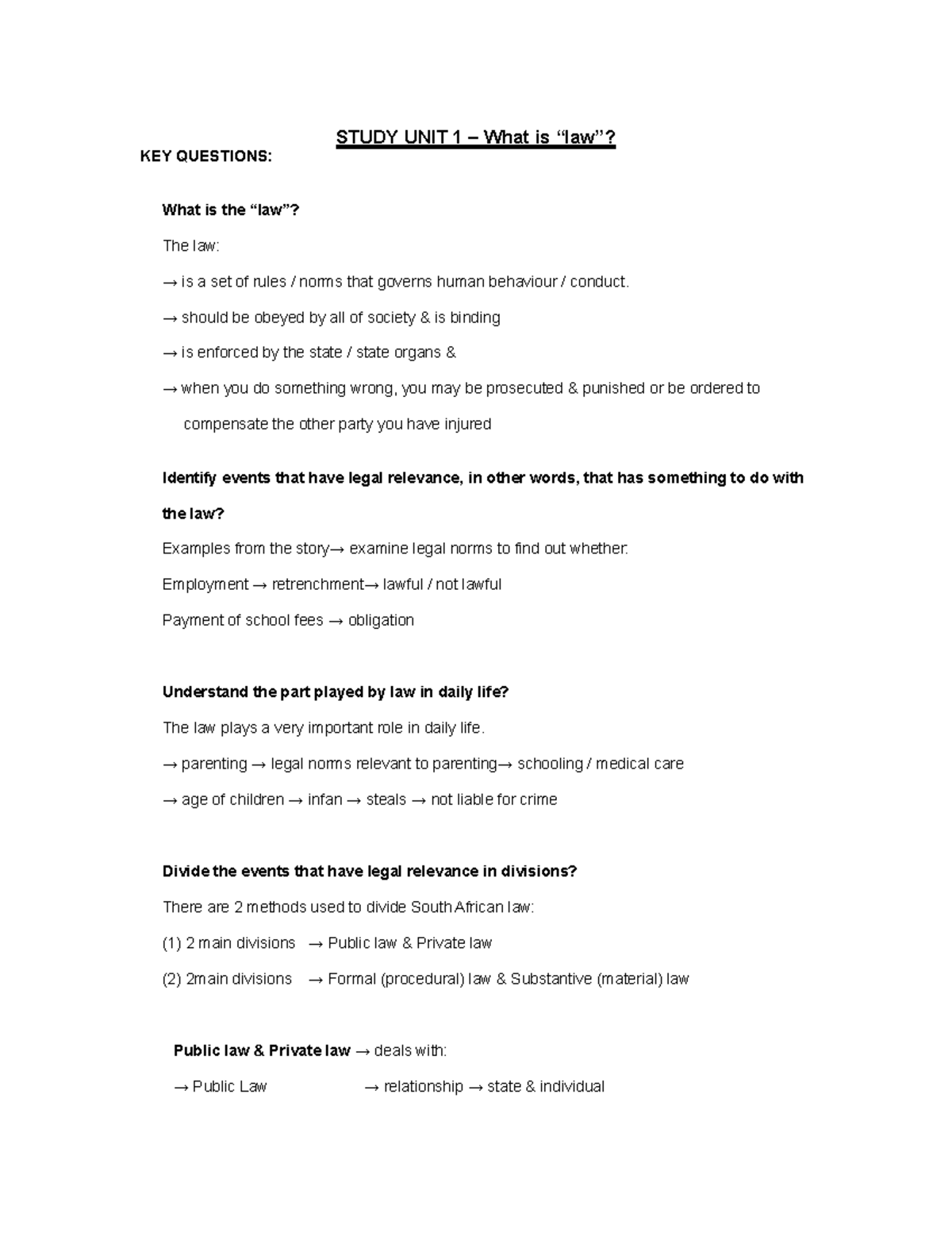 ILW1501 Summary - UNIT 1 What is Law UNIT 2 Law and Rights UNIT 3 The ...