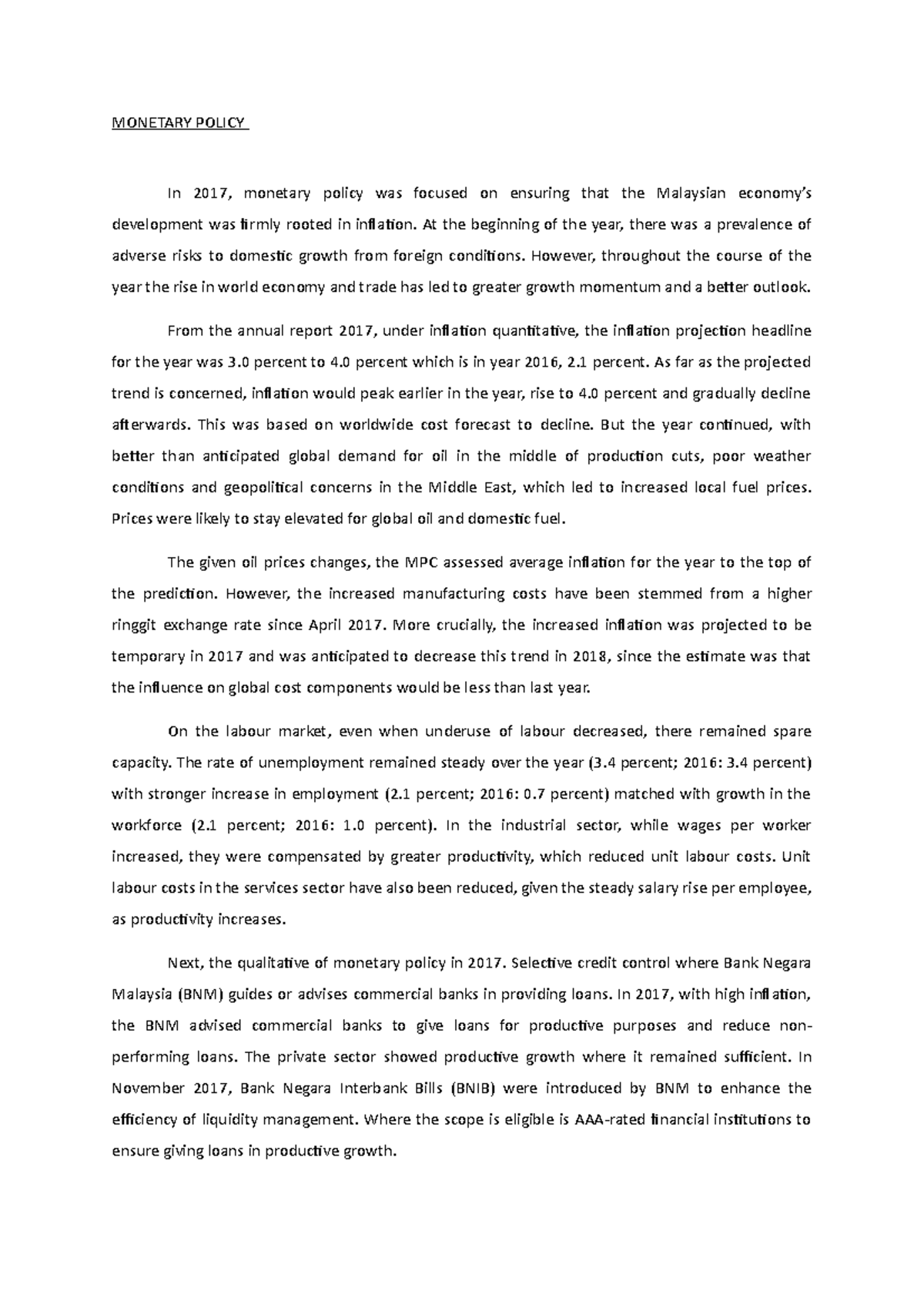 Annual Report 2017 Monetary Policy ECO531 - Economy - UiTM - Studocu