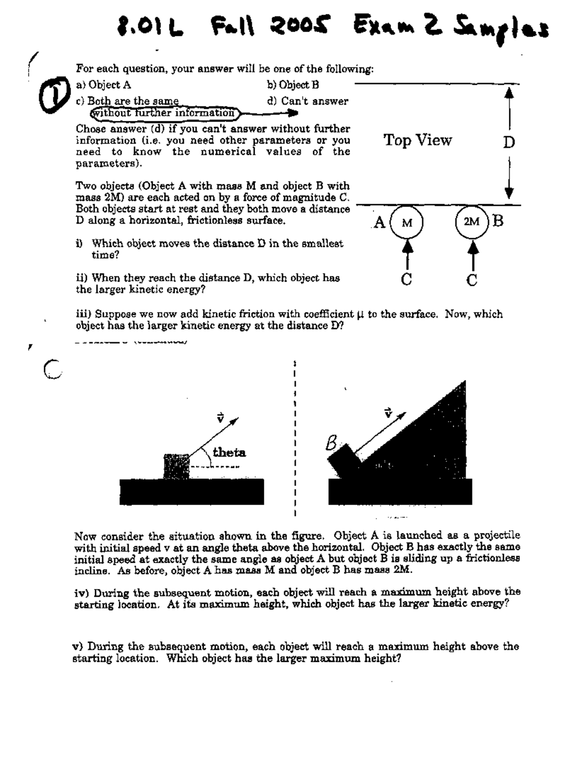 Physics 1 Exam 2 Classical Mechanics - 8 Fall 2005 Exam 2 Samples For ...