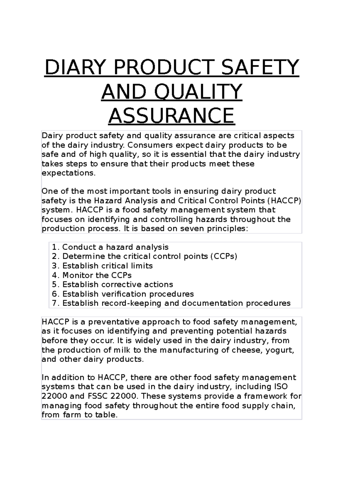 Diary Product Safety AND Quality Assurance DIARY PRODUCT SAFETY AND