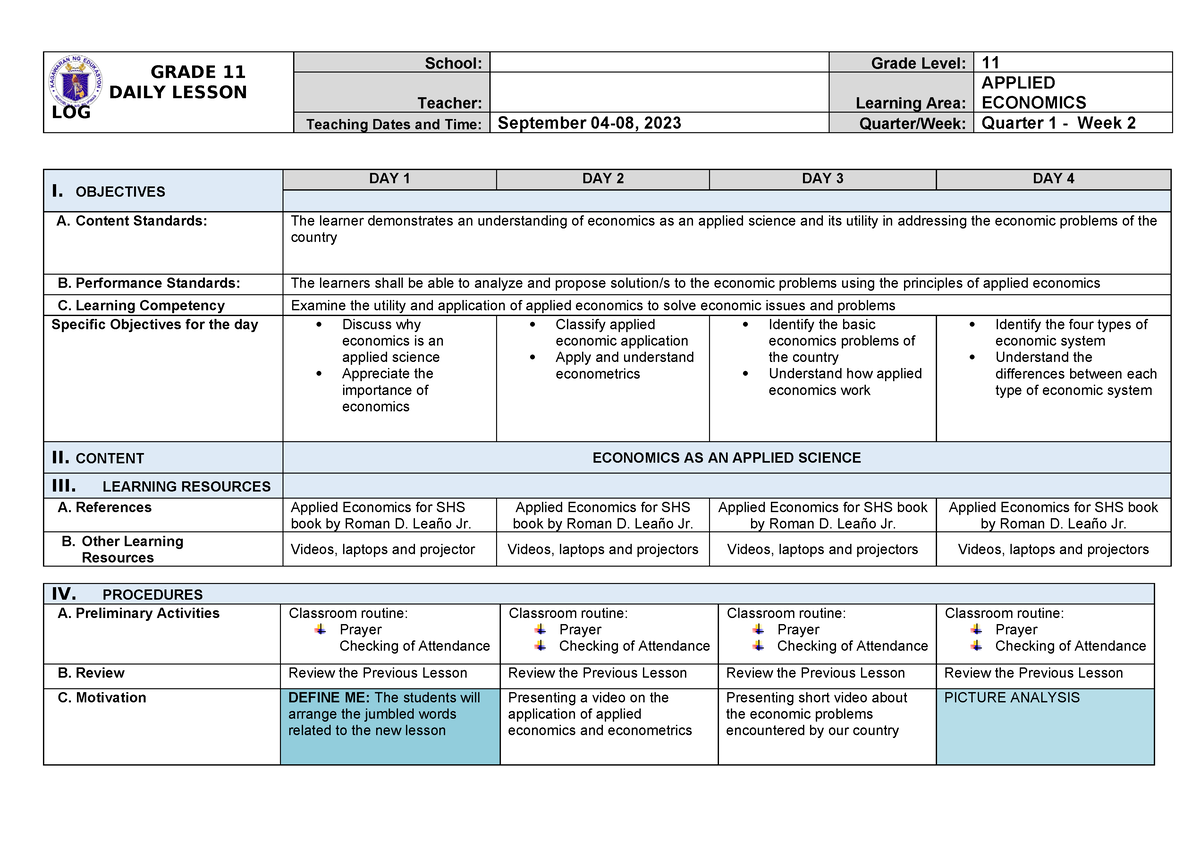 DLL Q1 W2 Apecon - APPLIED ECONOMICS - GRADE 11 DAILY LESSON LOG School ...