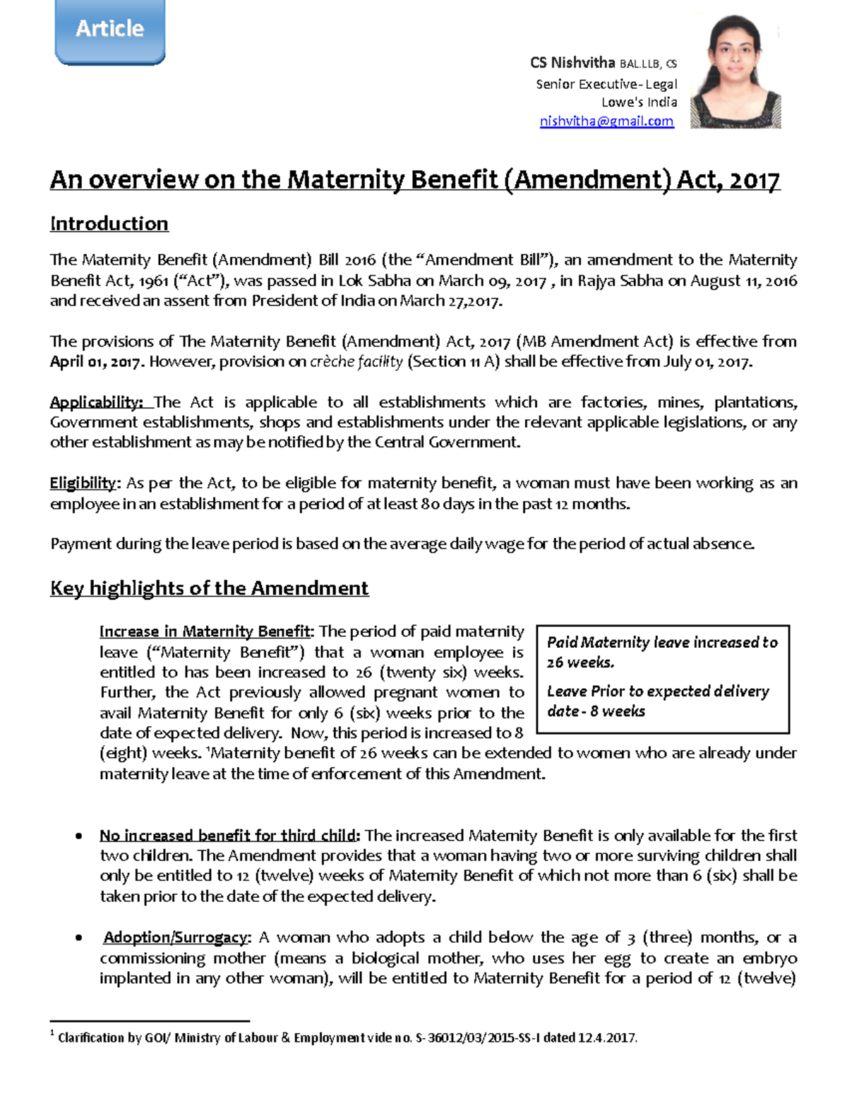 Article on MBA Act, 2017 - An overview on the Maternity Benefit ...