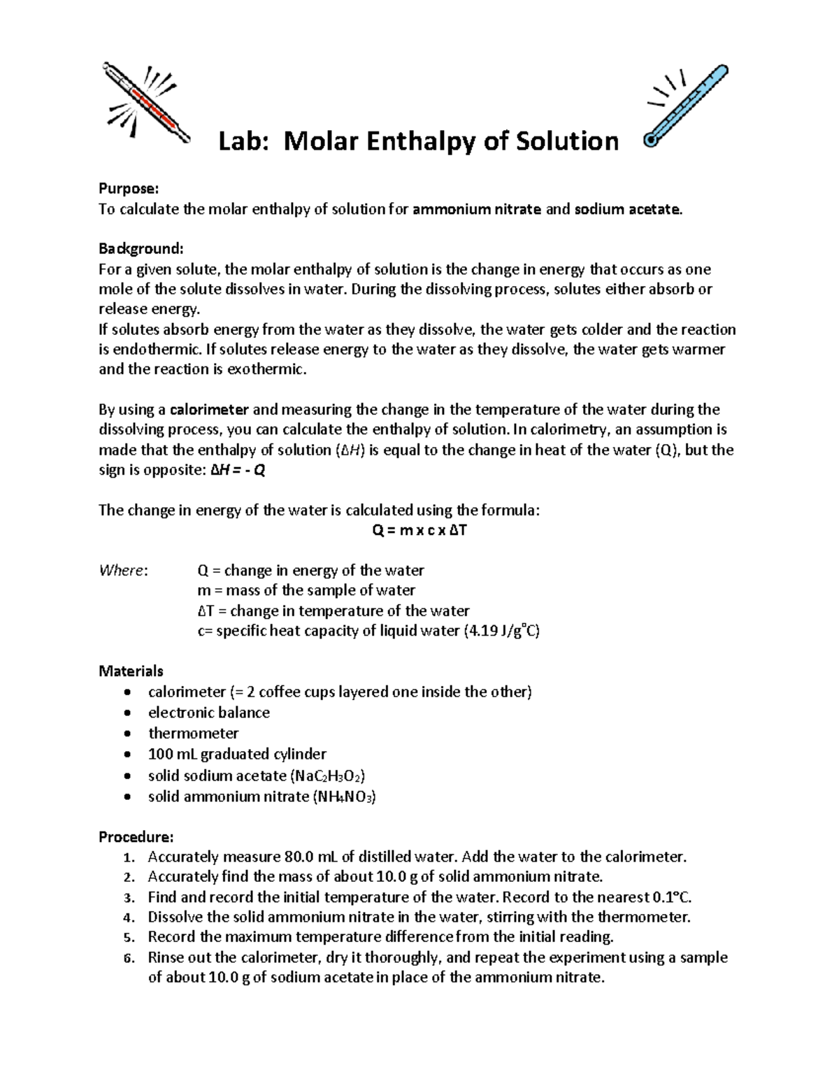 Lab molar enthalpy of solution Lab Molar Enthalpy of Solution