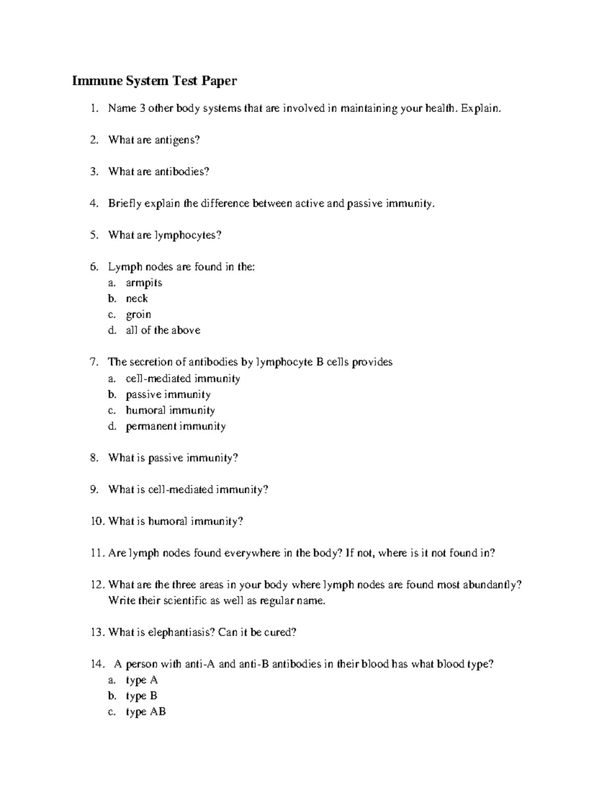 Anatomy Immune Test - N/A - Immune System Test Paper Name 3 other body ...
