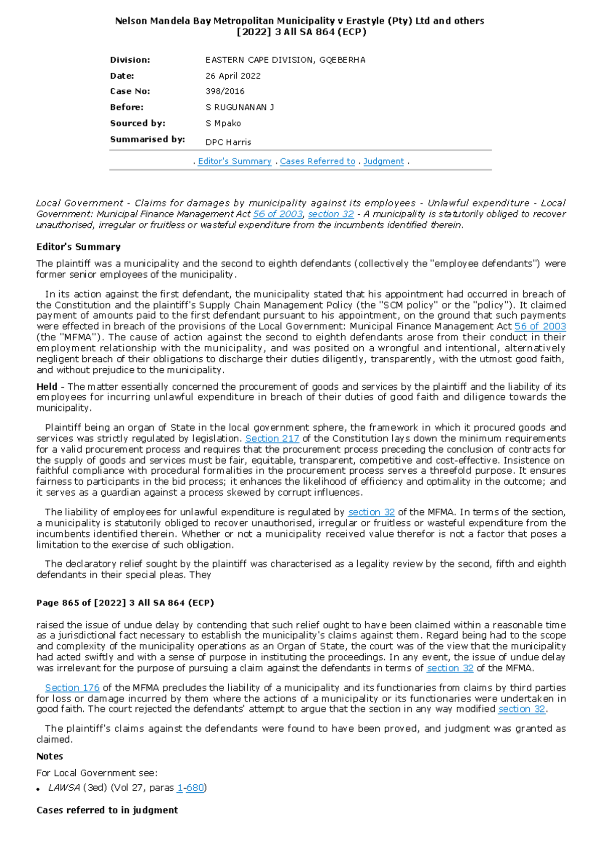 Nelson Mandela Bay Metropolitan Municipality v Erastyle (Pty) Ltd and ...