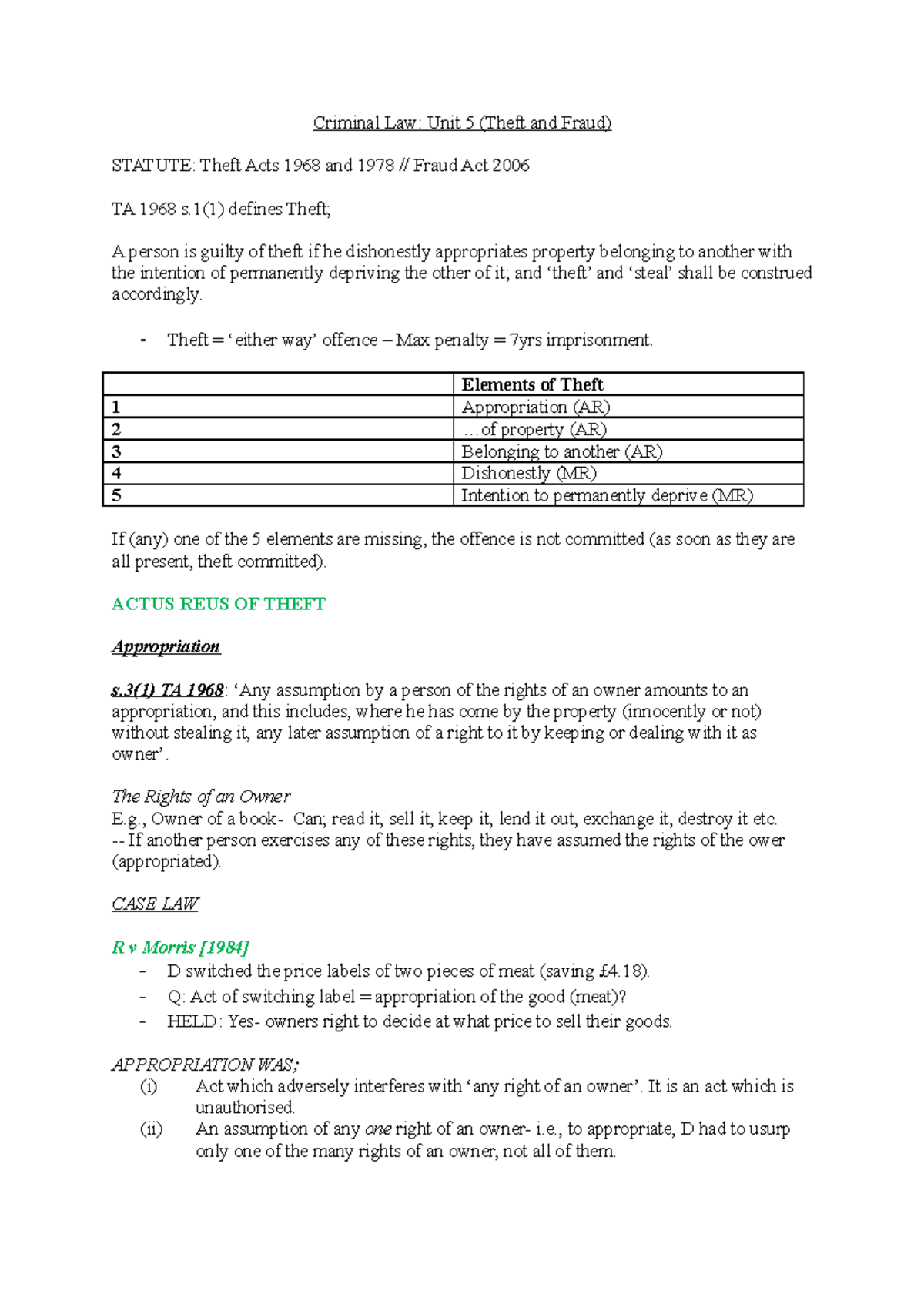 Theft and Fraud Criminal Law Unit 5 (Theft and Fraud) STATUTE Theft