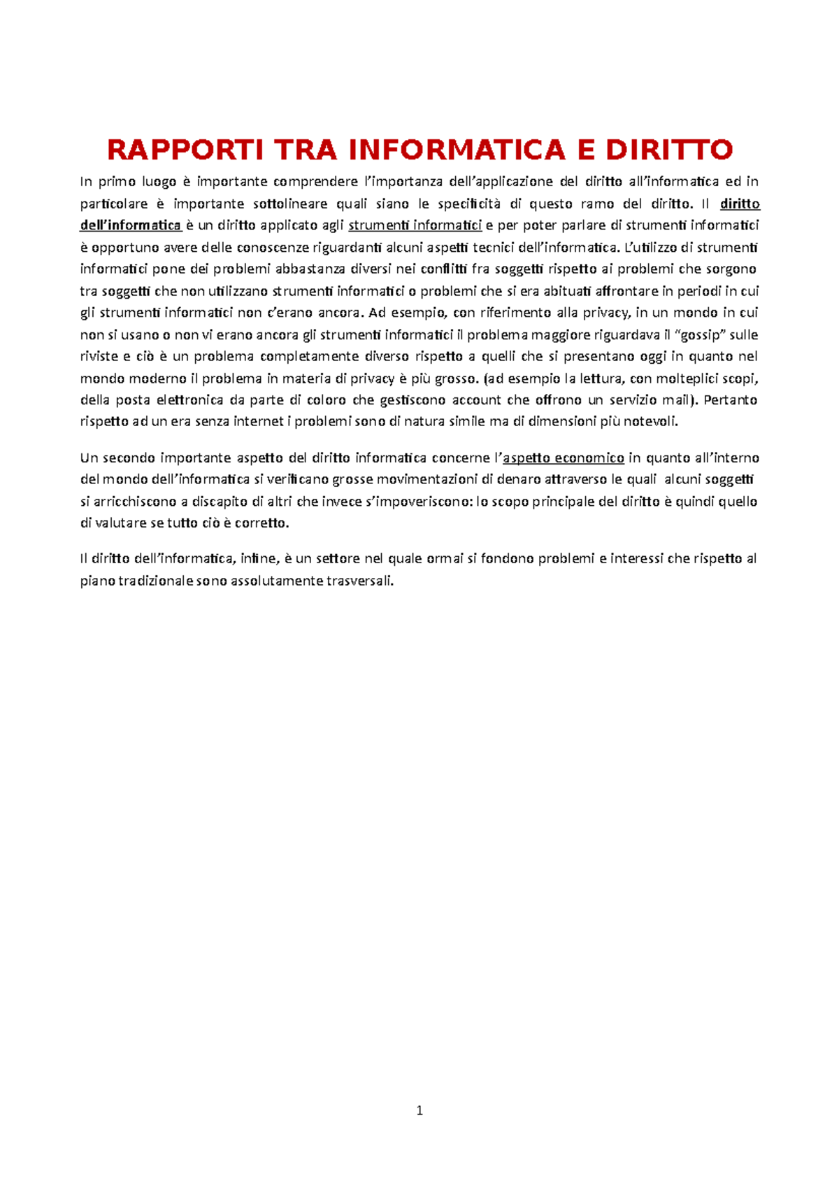 Diritto dell'informatica - RAPPORTI TRA INFORMATICA E DIRITTO In primo ...