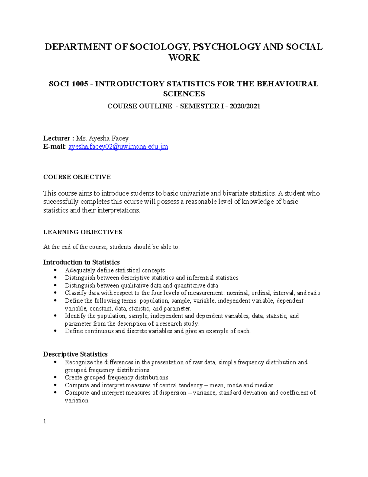 SOCI 1005 Course Outline - Semester 1 - DEPARTMENT OF SOCIOLOGY ...
