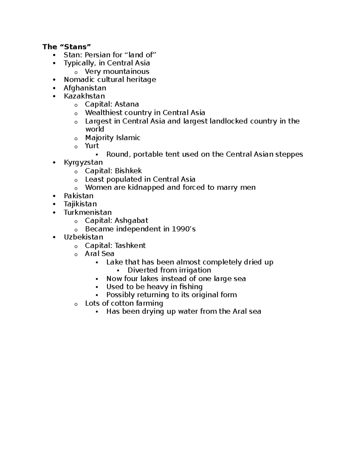 The Stans Notes - The “Stans” Stan: Persian for “land of” Typically, in ...
